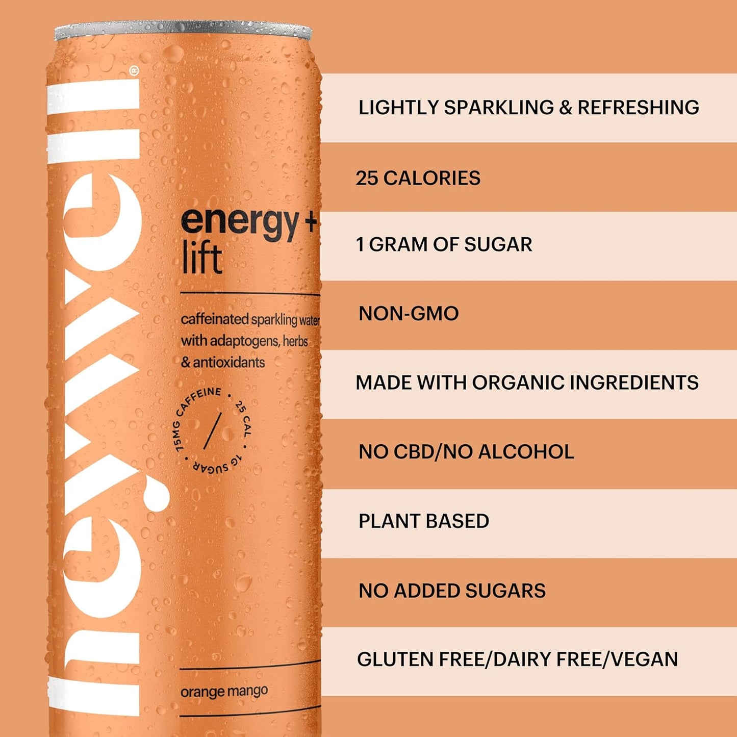 Heywell Sparkling Adaptogenic Water, Energy and Uplift, Orange Mango Flavor 12 Fluid Ounce (Pack of 12) - Non Caffeinated, Organic, Non GMO, Vegan, Gluten Free, Dairy Free