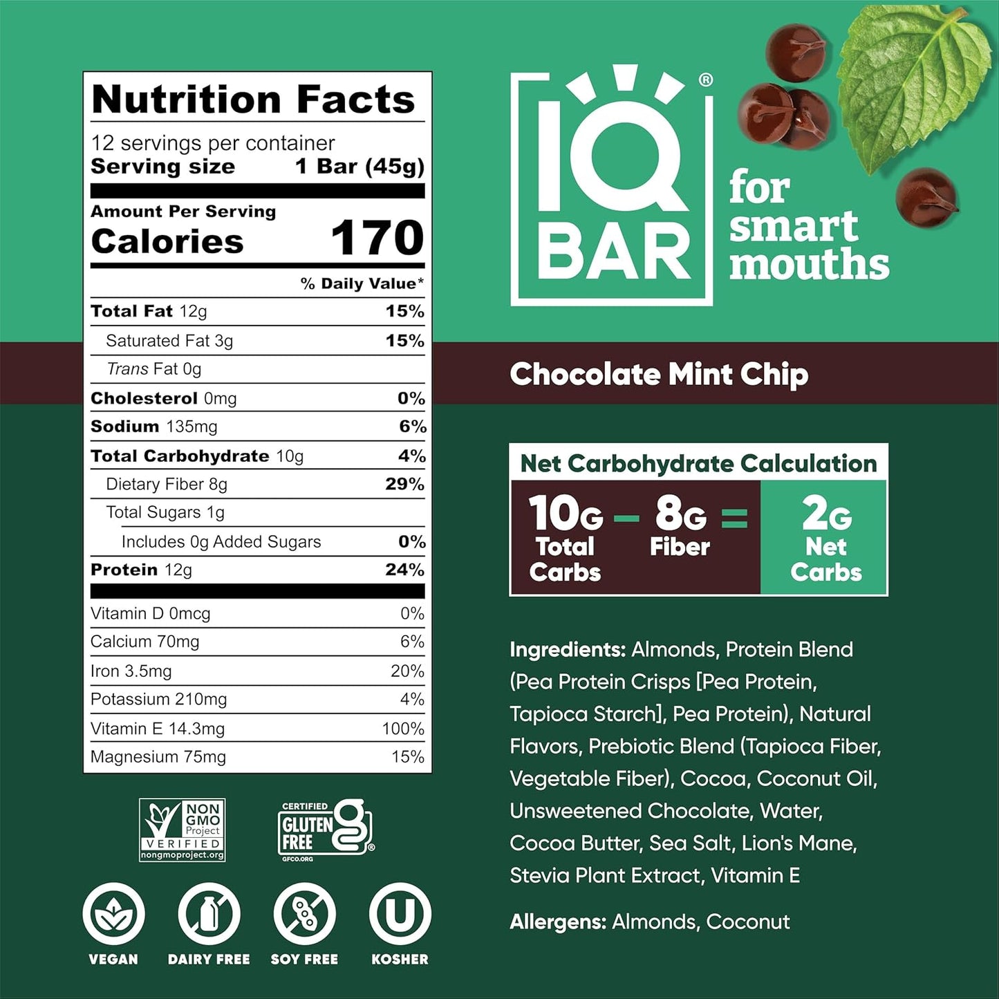 IQBAR Brain and Body Plant Protein Bars - Chocolate Mint Chip - 12-Count Low Carb - Gluten Free, High Fiber, Vegan Snacks - Low Sugar Meal Replacement