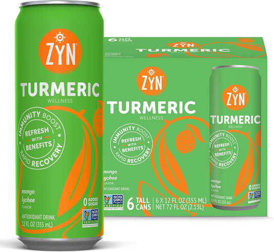 ZYN Turmeric Wellness Drink (6 Pack), Mango Lychee Flavored Turmeric Curcumin Drink with Black Pepper, No Added Sugar, Low Carb & Low Calorie Drink, Clean Alternative