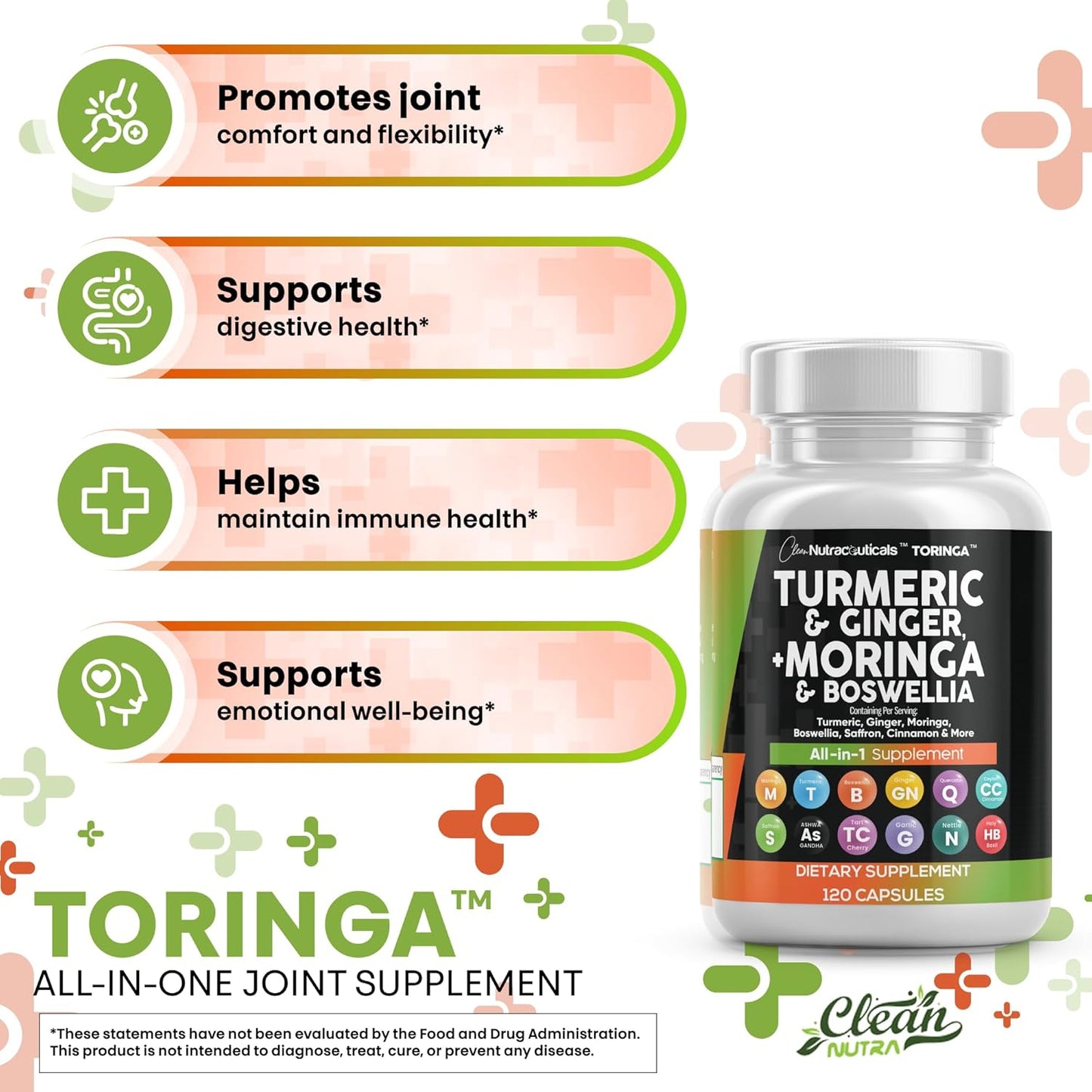 Clean Nutraceuticals Turmeric Moringa Supplement | Ginger Boswellia Saffron - Supplement for Women and Men with Ceylon Cinnamon, Tart Cherry, Quercetin Garlic Nettle Holy Basil - 1Pack