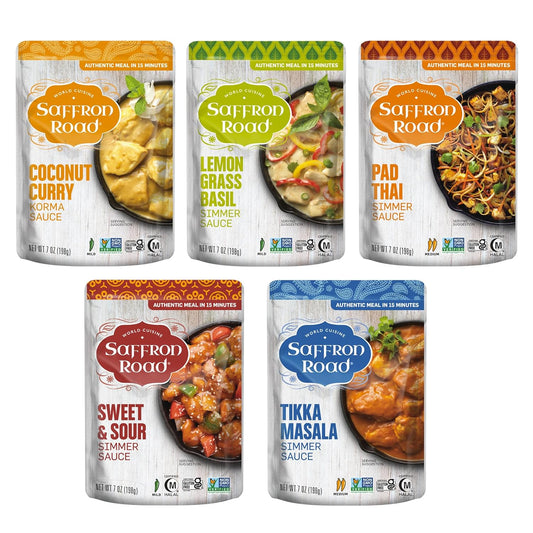 Saffron Road Simmer Sauce Variety Pack | Lemongrass Basil, Coconut Curry, Pad Thai, Sweet & Sour, and Tikka Masala | Vegetarian, Non-GMO, Halal, and Kosher | 7.0oz Pouch | Pack of 5