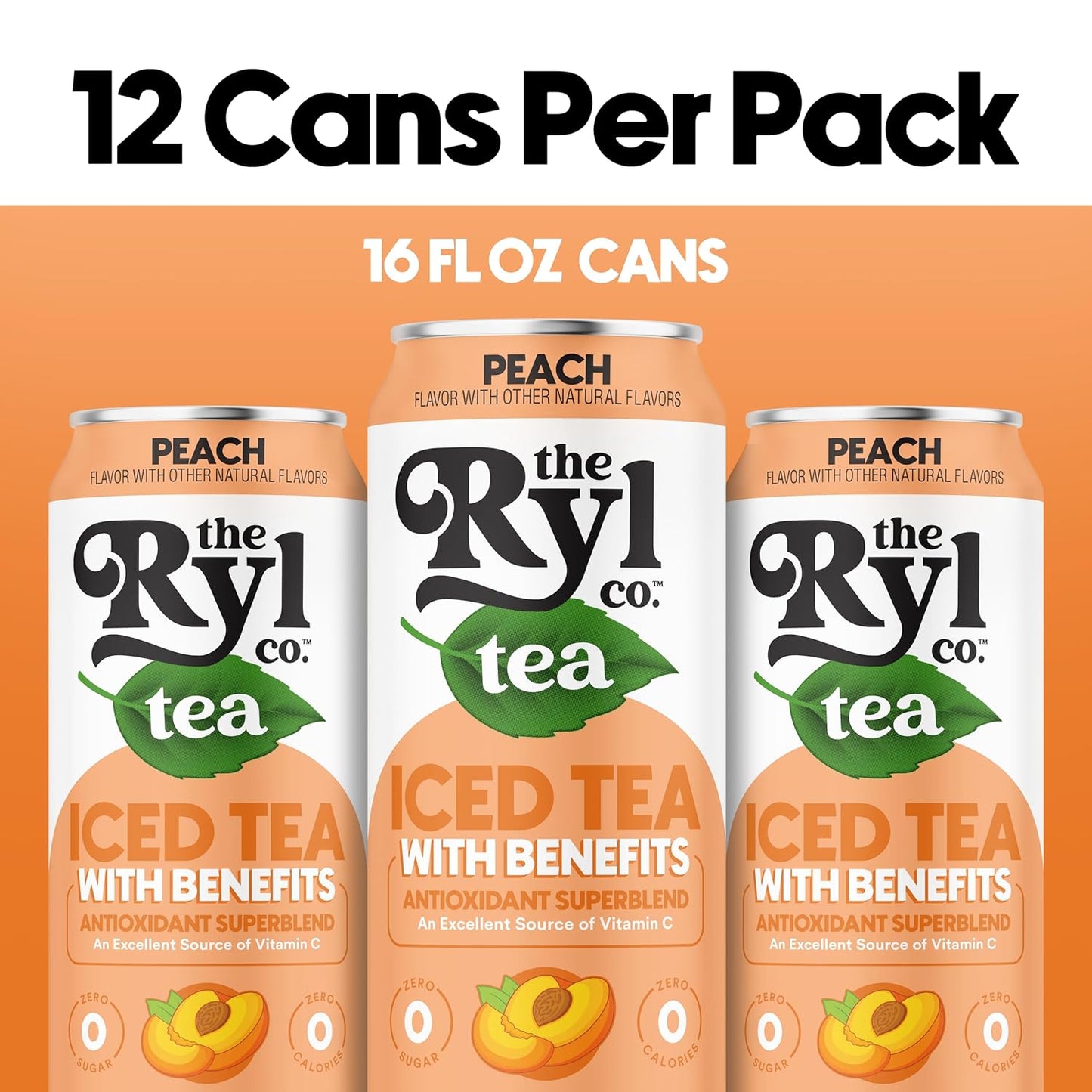 Ryl Iced Tea, Peach, Antioxidant Superblend, Zero Sugar, Low Carb, Zero Calorie Iced Tea, 16.0 Fl Oz (12-Pack)