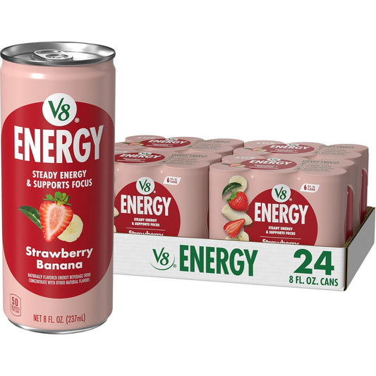 V8 +Energy Strawberry Banana Juice Energy Drink, 8 fl oz Can (24 Pack)