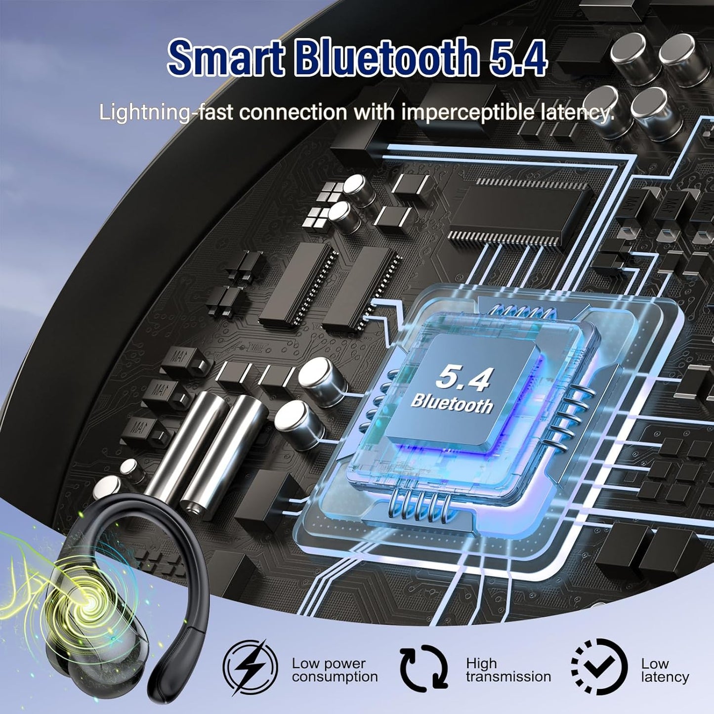 Wireless Earbuds Bluetooth 5.4 Headphones Sports, 75H Stereo Deep Bass Over Ear Buds with Earhooks, Bluetooth Earbuds with 4 ENC Mic, LED Display, IP7 Waterproof Earphone for Running, Black