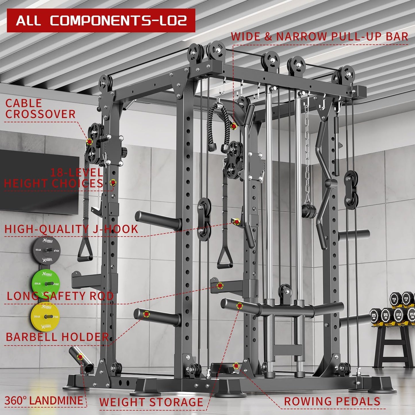 Power Rack Power Cages Multi-Function Squat Rack with Cable Crossover System Selectable More Training Attachment Weight Cage for Garage & Home Gym