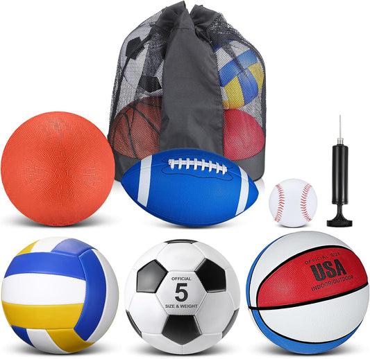 Libima 6 Pcs Multi Sport Ball Set Official Size Football, Basketball, Soccer, Volleyball, Playground Ball, Baseball with Sports Equipment Bag Pump for Teen Adult Christmas School Gift