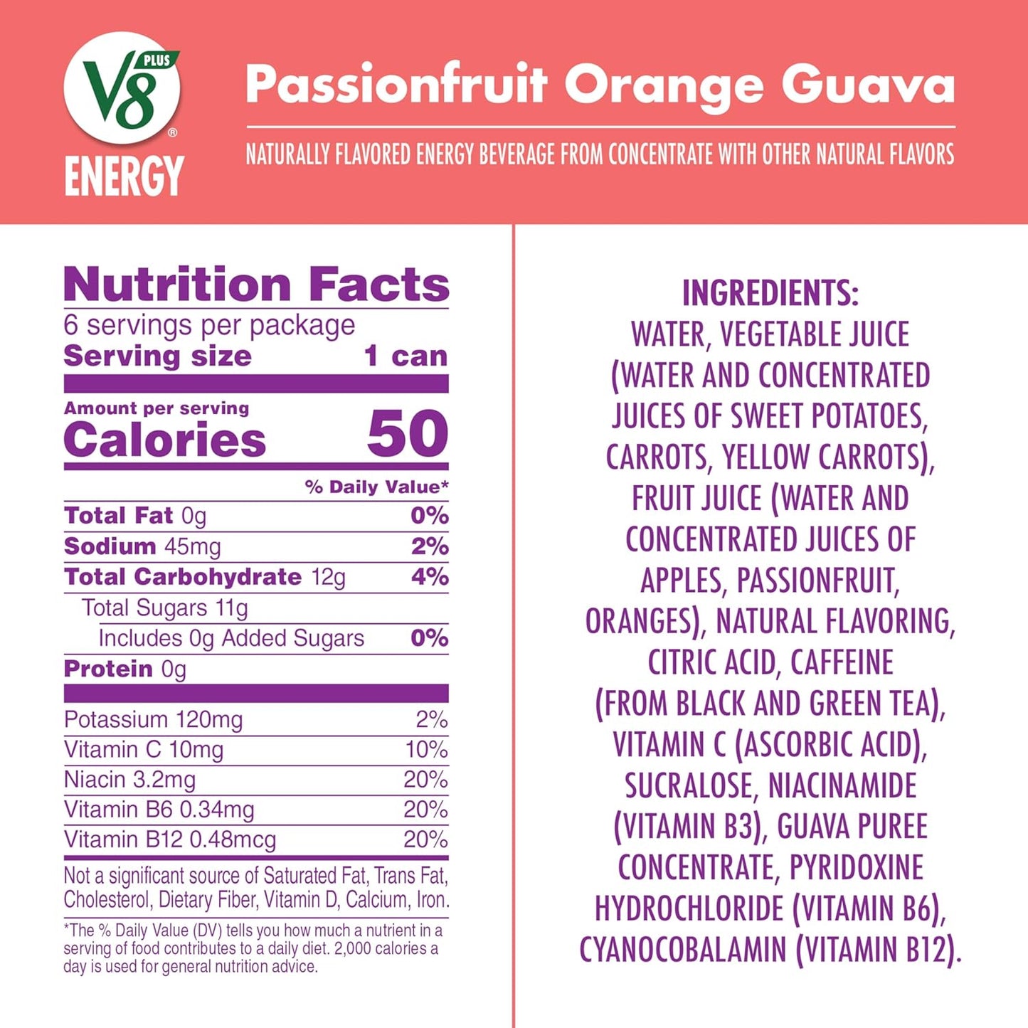 V8 +Energy Passionfruit Orange Guava Juice Energy Drink, 8 fl oz Can (24 Pack)