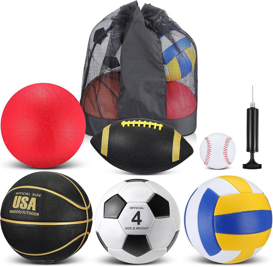 Realspring 6 Pcs Multi Sport Ball Set for Kid Teen Operation Christmas Official Size Football, Basketball, Soccer, Volleyball, Playground Ball, Baseball with Sports Equipment Bag Pump