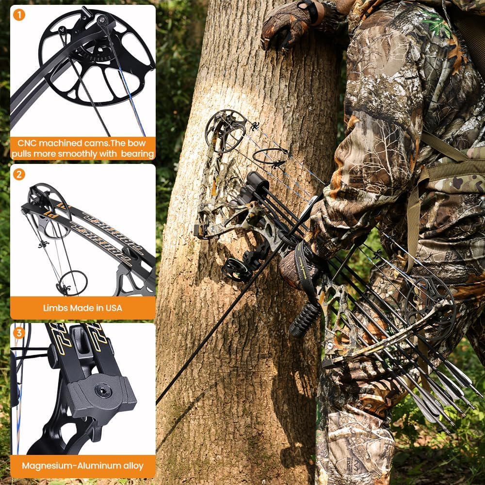 Compound Bow Package for Adults and Teens, 0-70 Lbs Draw Weight,23.5"-31" Draw Length,Limbs Made in USA,Lightweight Design,Archery Hunting Bow Set, Fully Adjustable,2024 New