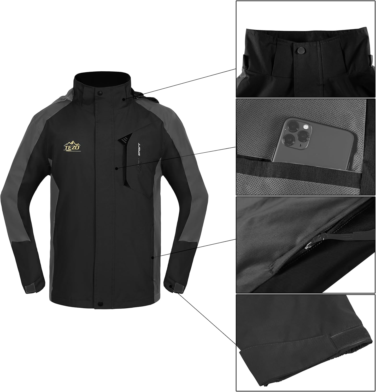 TEZO Mens Rain Jacket Waterproof with Hooded Hiking Coat Lightweight Windbreaker