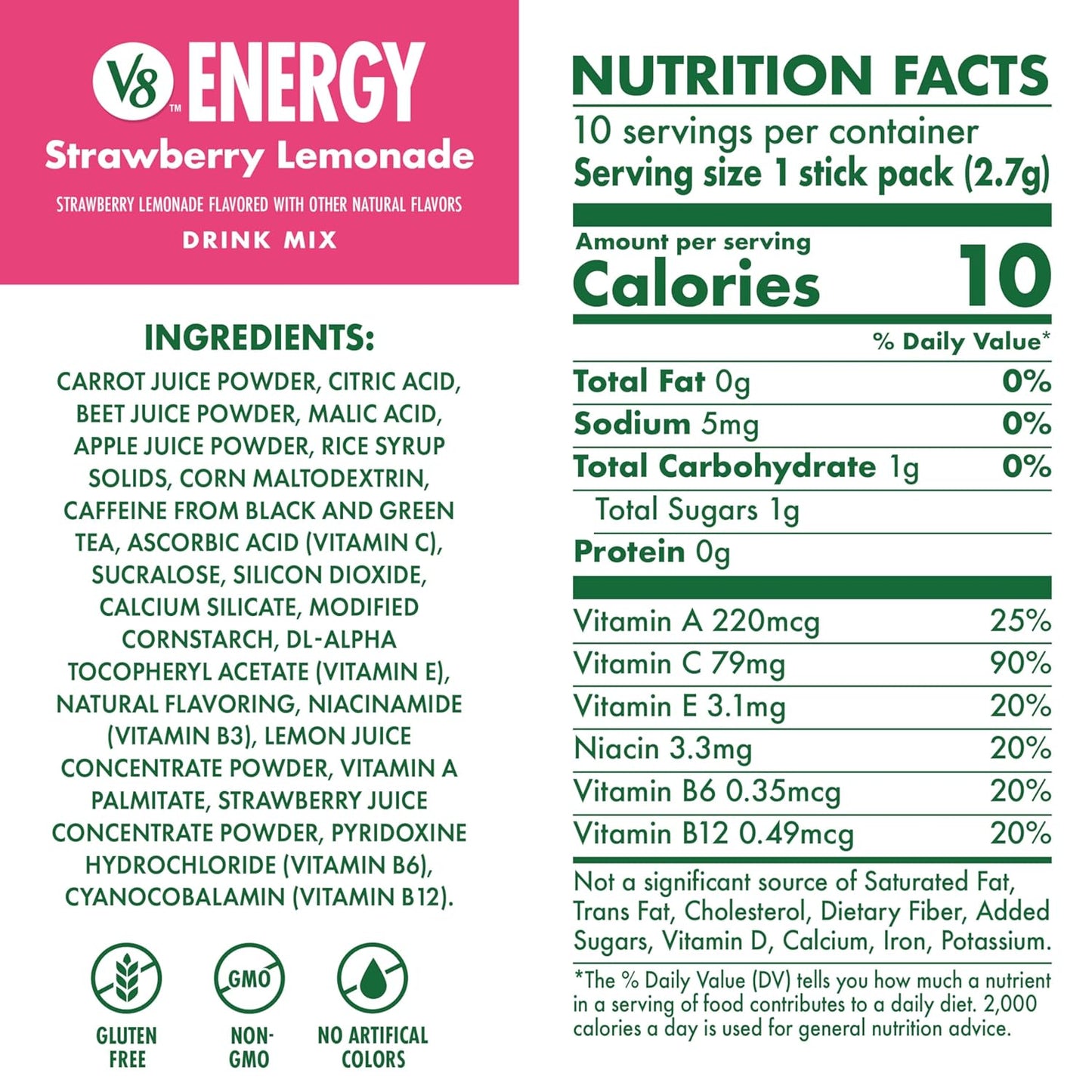 V8 Energy Strawberry Lemonade Energy Drink Powder, .10 oz Packet (120 Count)