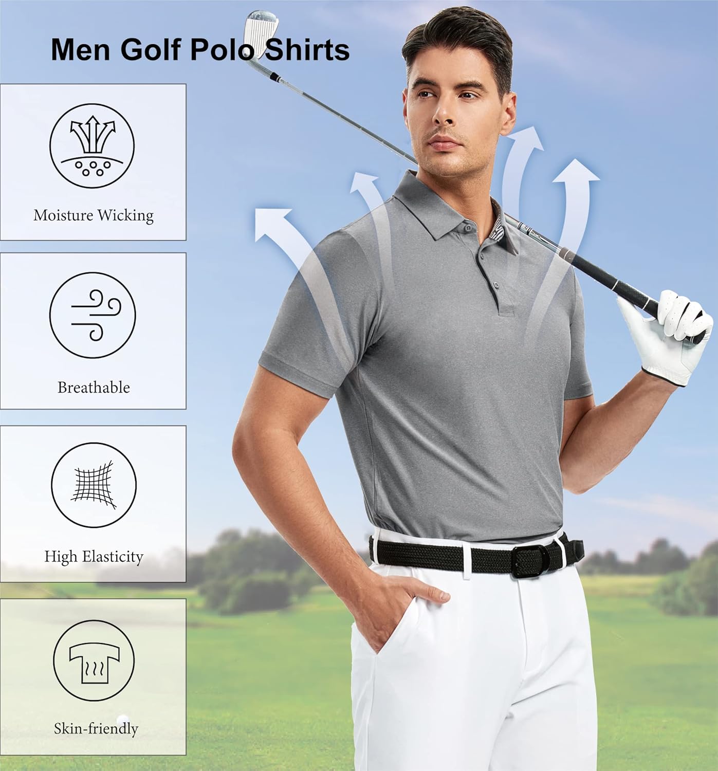 WARHORSEE Golf Polo Shirts for Men Short Sleeve Wrinkle Free 4 Way Stretch Moisture Wicking Performance Collared Tshirts
