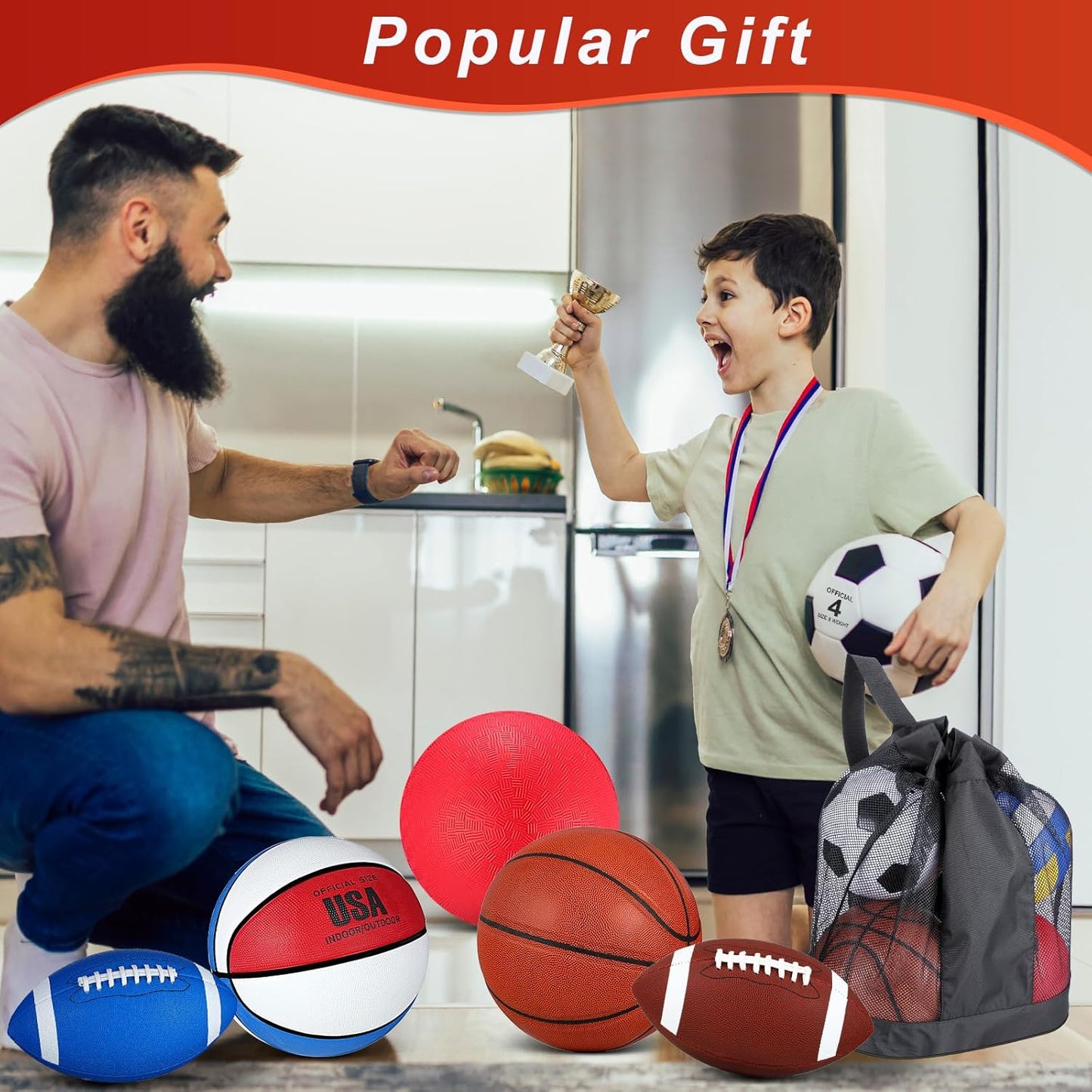 Liliful 8 Pcs Sport Balls Set with Pump Mesh Bag Gifts for Kid Teen Operation Christmas Basketball Soccer Football Playground Ball for Christian Charity Donation Student Team PE Class