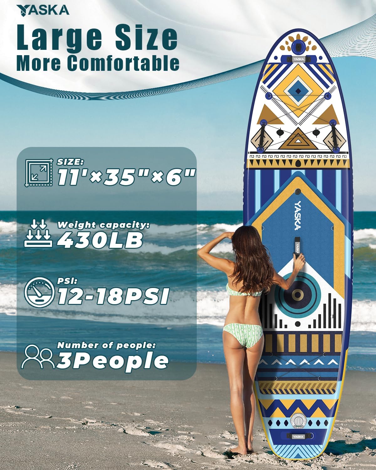 YASKA Inflatable Stand Up Paddle Board - 11ft Extra Wide Paddleboard with Premium SUP Board Accessories,Camera Mount,Non-Slip EVA Deck,5 Handles,Youth/Adult