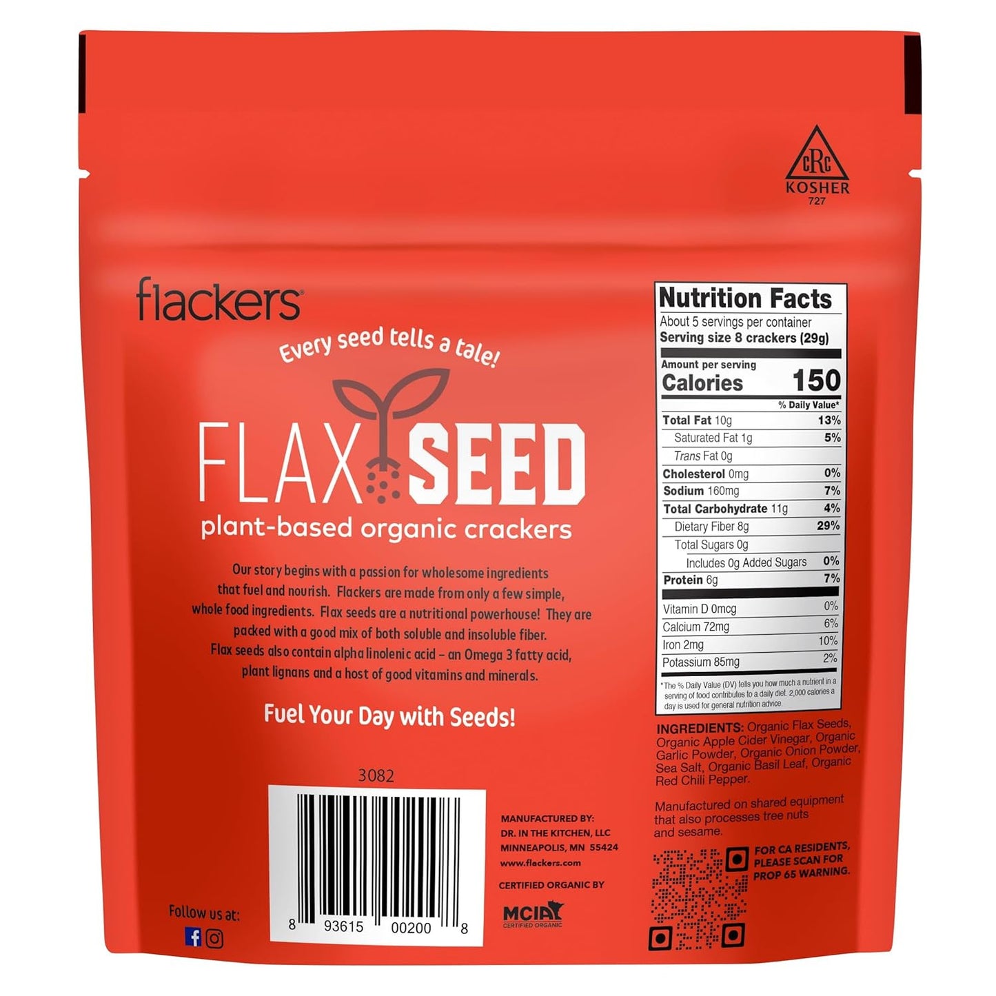 Flackers Organic Savory Flaxseed Crackers, 5 Ounce 6-Pack, Gluten Free, Non GMO, Vegan, Keto Snack, 8g Fiber, 3g Net Carbs