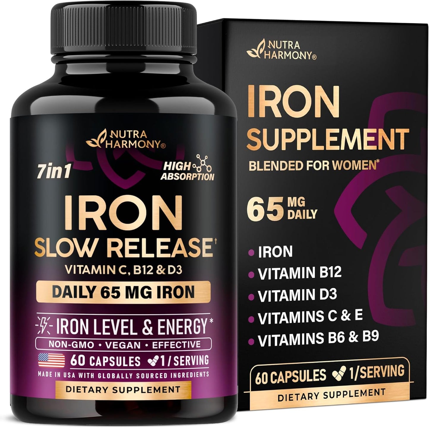 Iron Supplement for Women - Iron 65mg (Ferrous Sulfate 325mg) - Stomach Friendly | Slow Release Iron | High Absorption - Vitamins C, D3, B6, B12 & Folate - Iron Level & Energy Support - 60 Capsules
