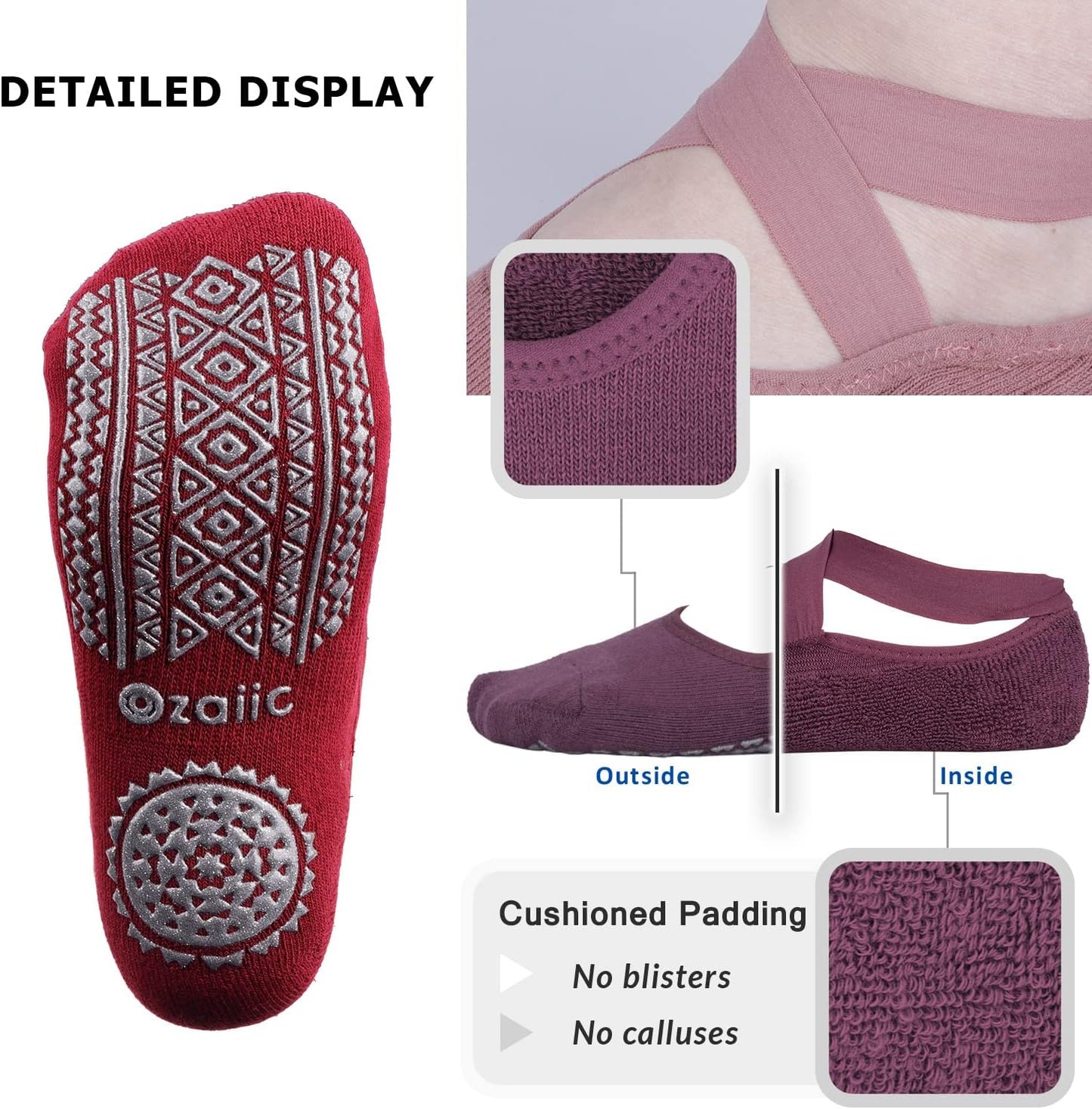 Ozaiic Yoga Socks for Women Non-Slip Grips & Straps, Ideal for Pilates, Pure Barre, Ballet, Dance, Barefoot Workout