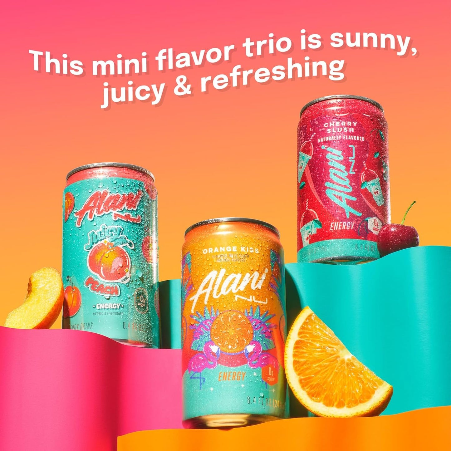 Alani Nu VARIETY PACK (CHERRY SLUSH, JUICY PEACH, ORANGE KISS), Low Calorie Energy Drinks, 100mg Caffeine, Biotin, B Vitamins, Zero Sugar, 10 Calories or Less, 8 Fl Oz Cans, 12 Pack