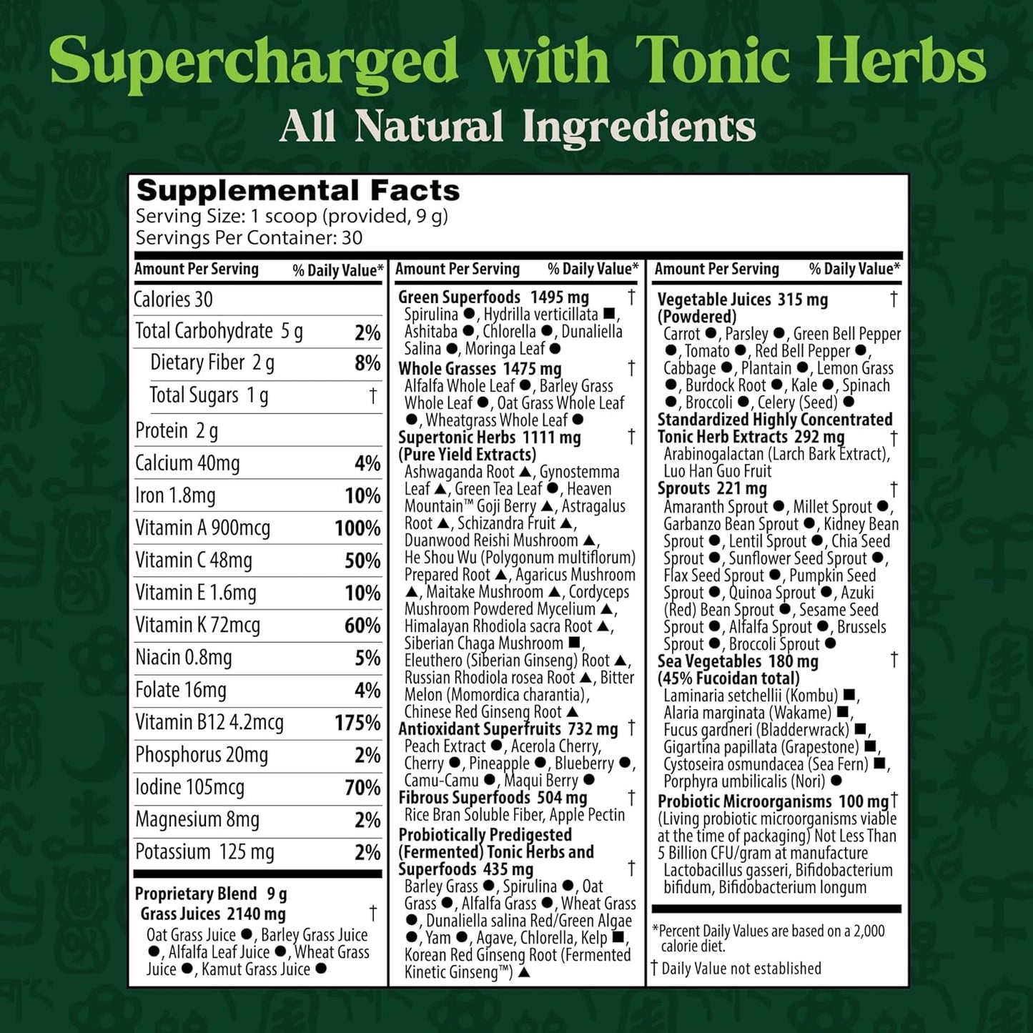 Dragon Herbs Tonic Alchemy Superfood Greens Powder - Single Serve Packet - 91 Ingredients: Tonic Herbs, Ashwagandha, Mushrooms, Prebiotics, Probiotics, Super Greens, Seaweeds, Fruits, Spirulina