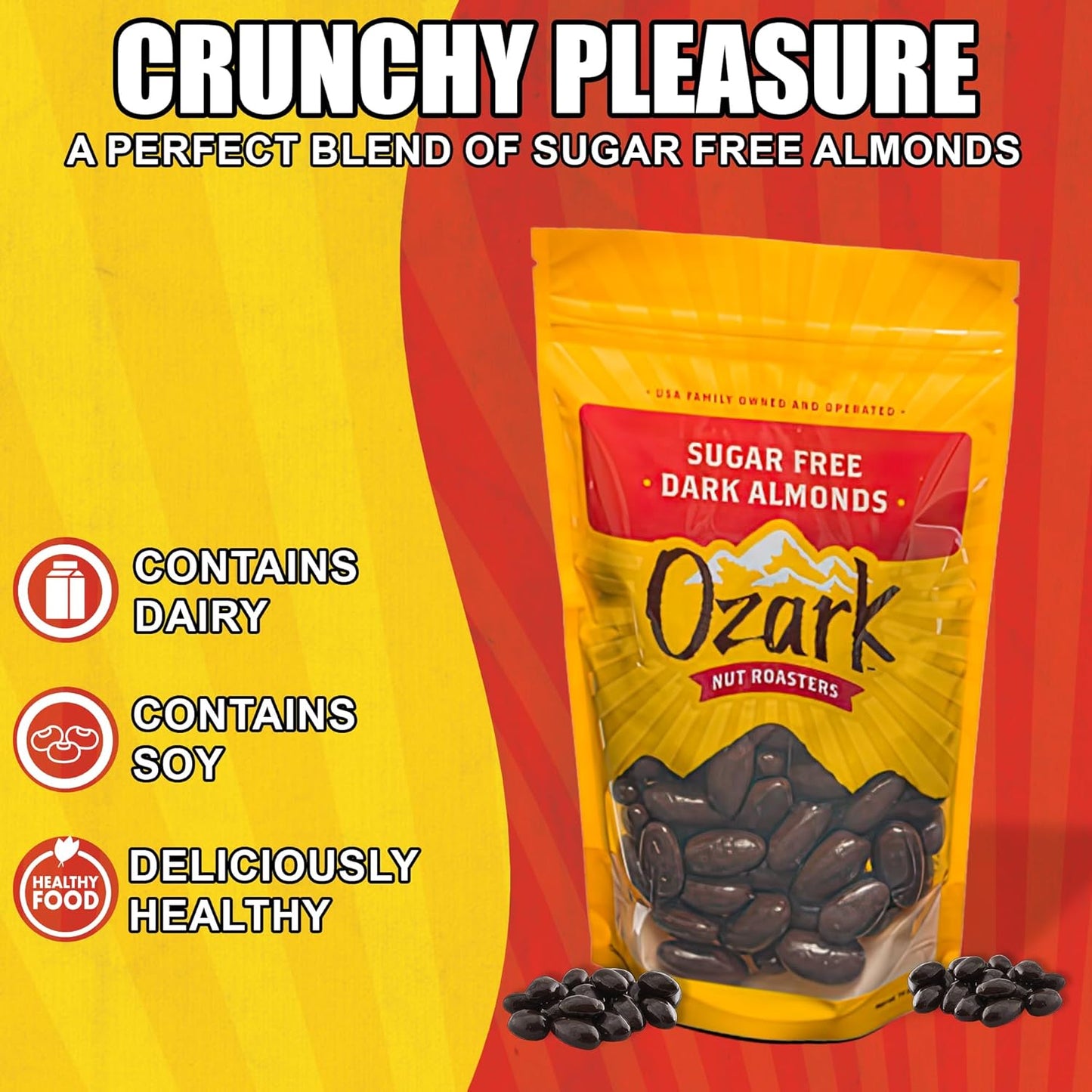 OZARK NUT ROASTERS, Sugar-Free Dark Almonds, Dark Chocolate Flavored Snacks, No Sugar Added, World-Class Gourmet Candied Nuts, Resealable Pack (14.0 oz)