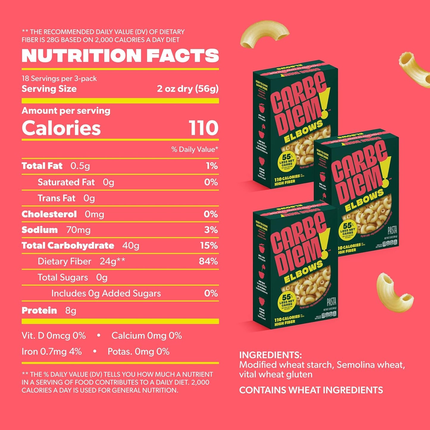 Carbe Diem!, Elbows, Lower Net Carb Pasta with Traditional Flavor & Texture, 55% Fewer Net Carbs & Only 110 Calories Per Serving, Pack of 3