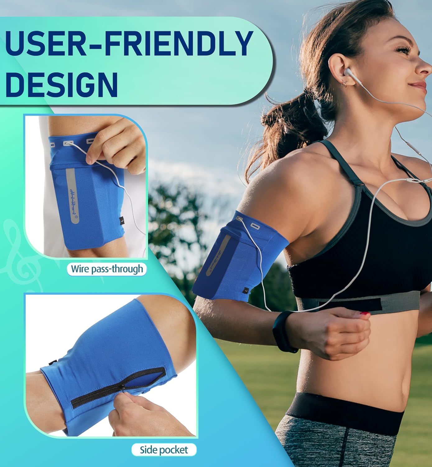 HiRui Running Armband Sleeve Universal Sports Armband Cell Phone Holder Armband for Exercise Workout, Compatible with iPhone 16/15/14/13/Plus/Pro Samsung Galaxy All Phones (M, Blue)