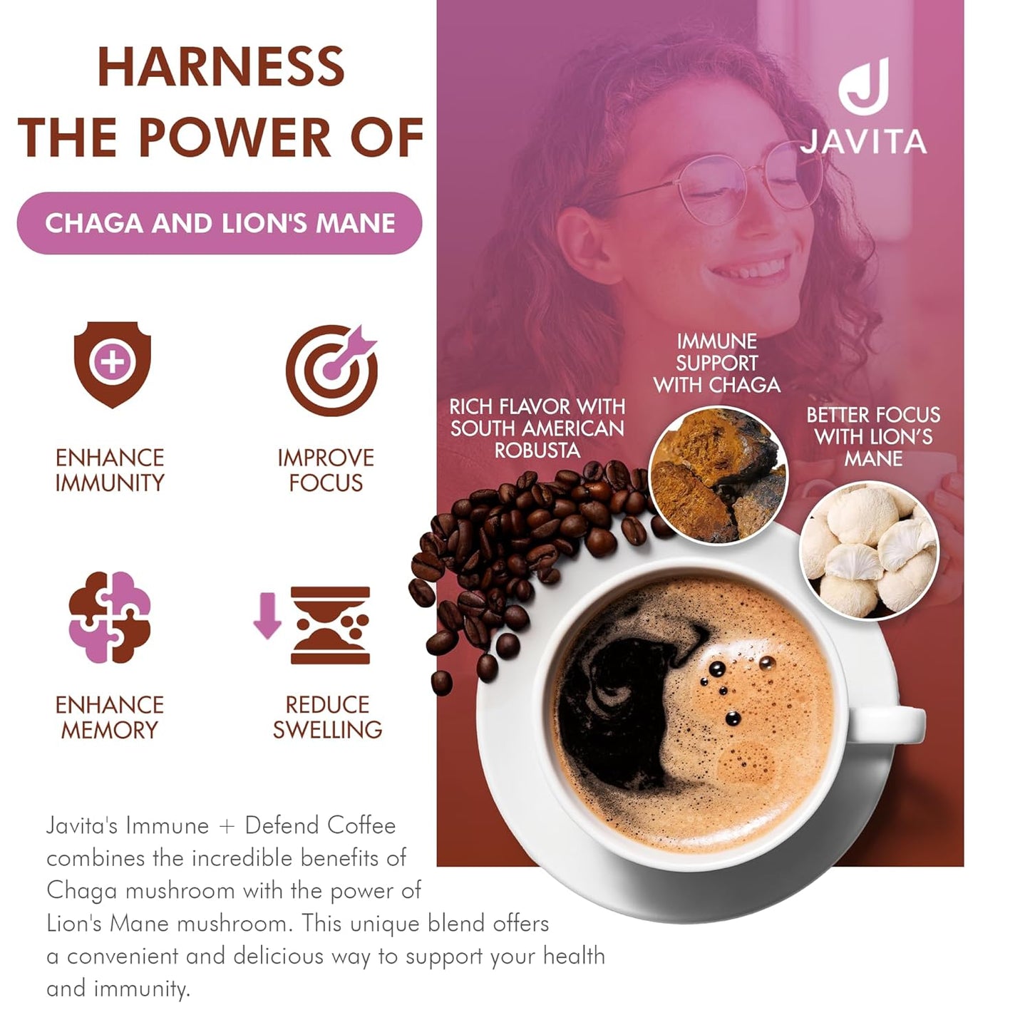 Mushroom Coffee by Javita, Immune & Defend Blend of Chaga, Lion's Mane and Dark Roast Coffee for Morning Boost, Antioxidant Support; Keto-friendly, 3 boxes of 24 (3.5g) Sticks, 72 ct
