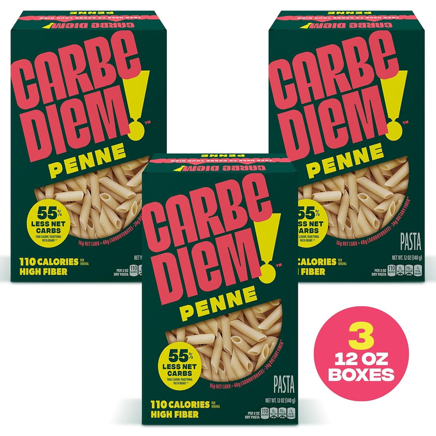 Carbe Diem!, Penne, Lower Net Carb Pasta with Traditional Flavor & Texture, 55% Fewer Net Carbs & Only 110 Calories Per Serving, Pack of 3
