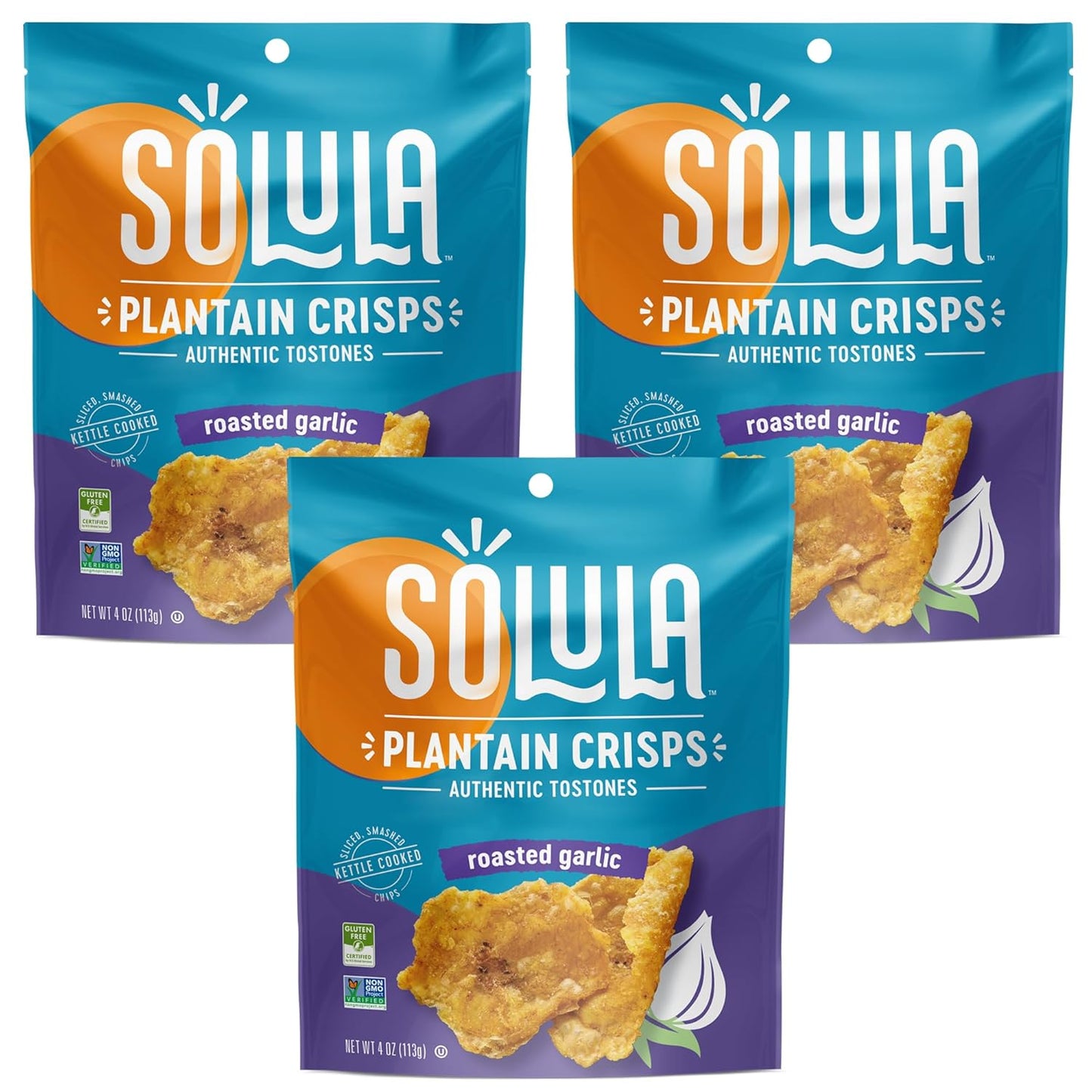 Solula Plantain Crisps Authentic Tostones, Roasted Garlic, 4 Ounce (Pack of 3), Kettle Cooked Chips, Gluten Free, Paleo Friendly, Grain Free, Vegan