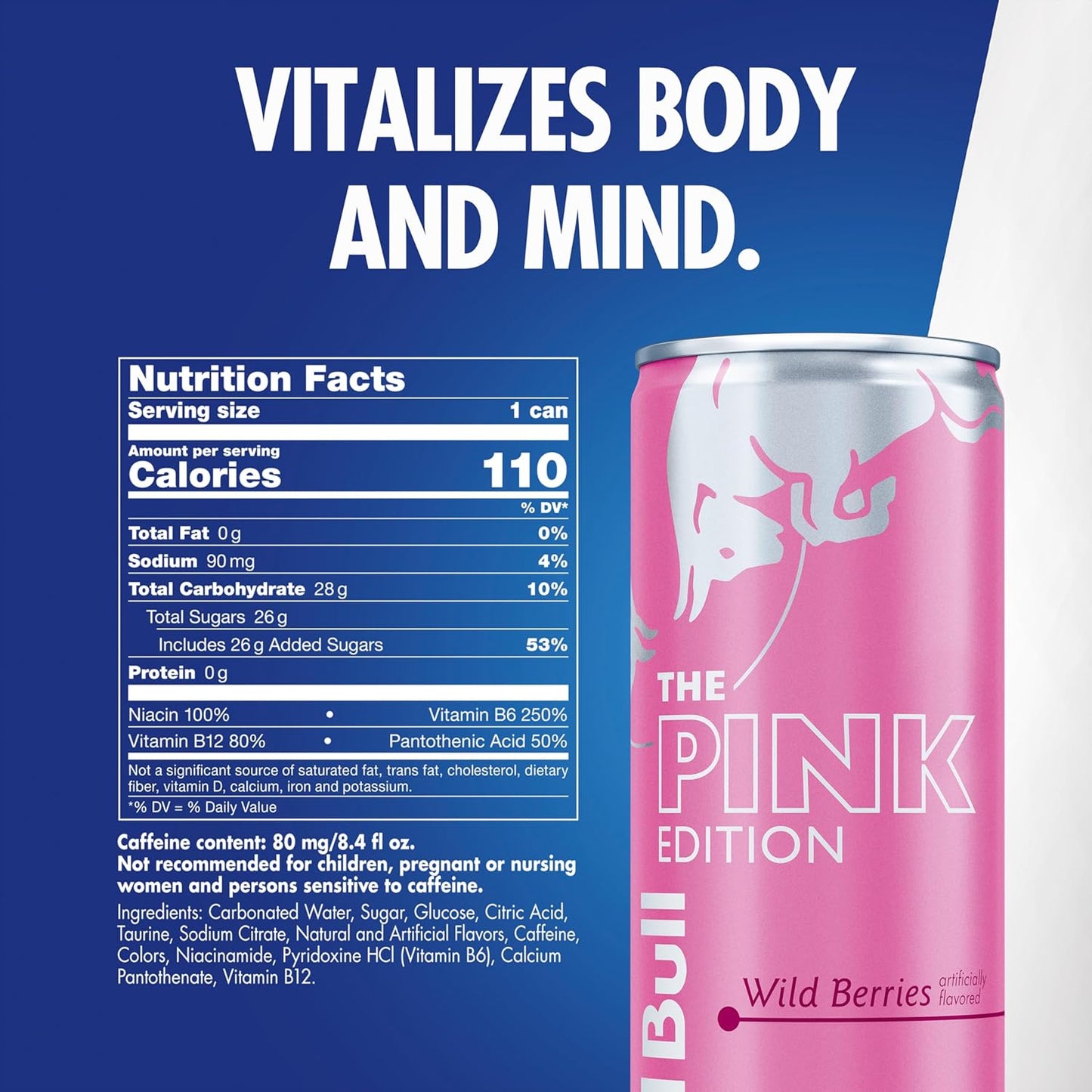 Red Bull Pink Edition Energy Drink, Wild Berries, 8.4 fl. oz., Case of 24 cans, with 80mg Caffeine, Taurine & B Vitamins