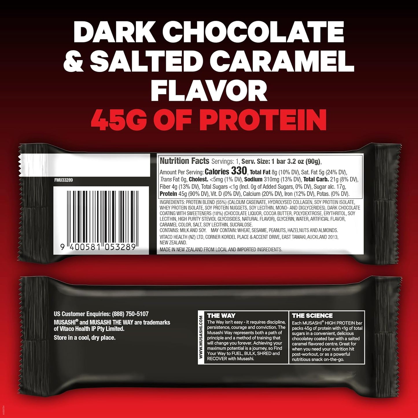MUSASHI High Protein Bar, 45g Protein, <1g Total Sugars, Dark Chocolate & Salted Caramel, Post Workout and Protein Snack On The Go, 12 Pack of 3.2oz (90g) Bars