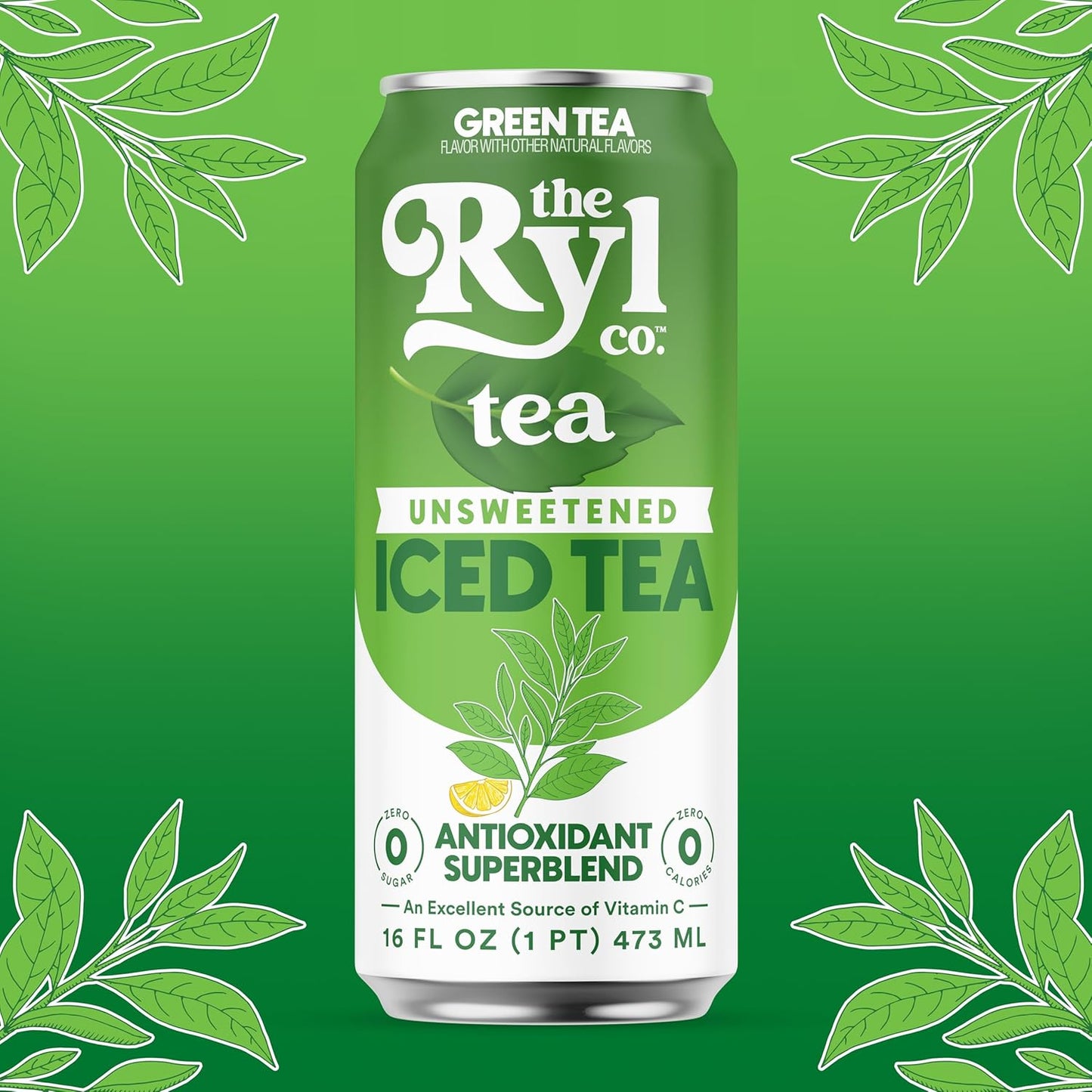 Ryl Unsweetened Green Iced Tea – Antioxidant Superblend, No Artificial Ingredients, Zero Sugar, Zero Calorie, Low Carb, Non-GMO, Kosher, Gluten Free, Made in the USA, 12-Pack, 16 Fl Oz