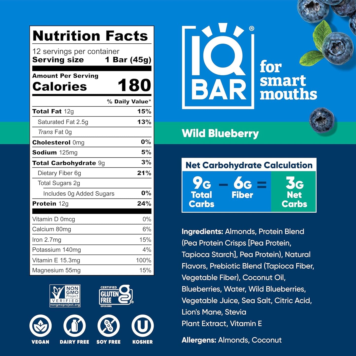 IQBAR Brain and Body Plant Protein Bars - Wild Blueberry - 36-Count Low Carb - Gluten Free, High Fiber, Vegan Snacks - Low Sugar Meal Replacement