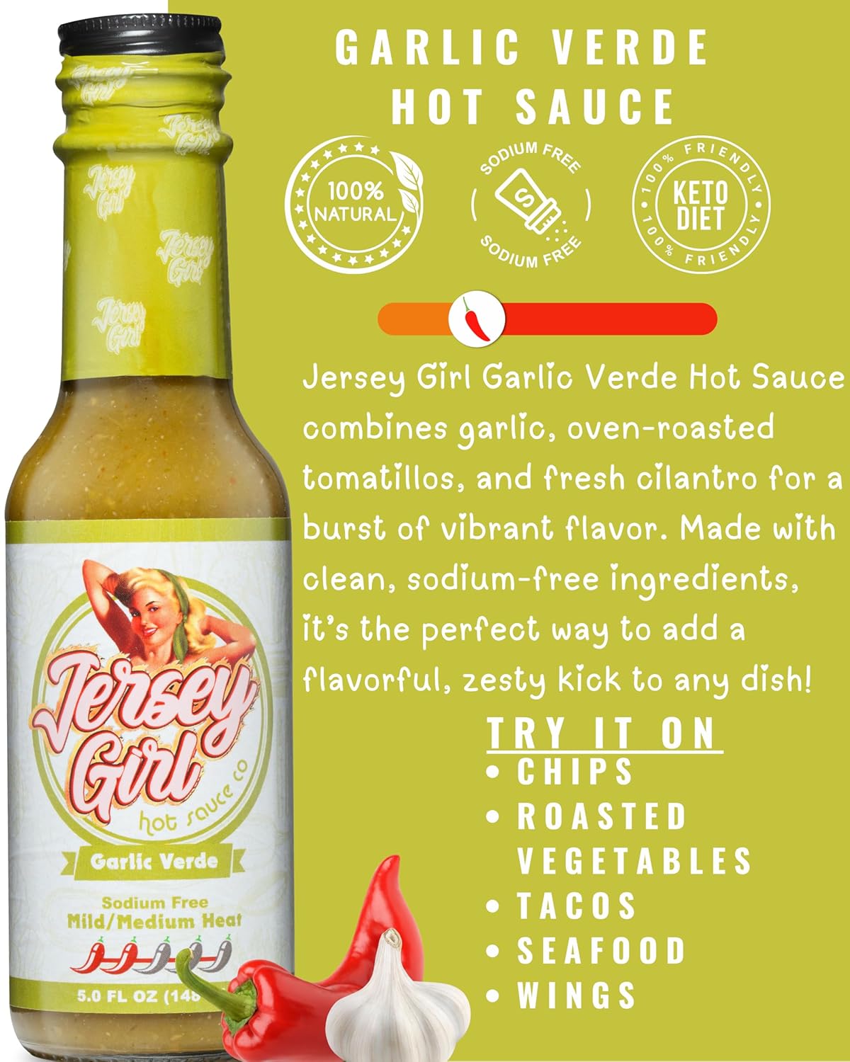 Jersey Girl Hot Sauce - Garlic Verde - No Added Salt - Naturally Sodium Free – All-Natural Healthy Ingredients with Hand-Picked Habaneros & Jalapeno Peppers - Mild/Medium Heat