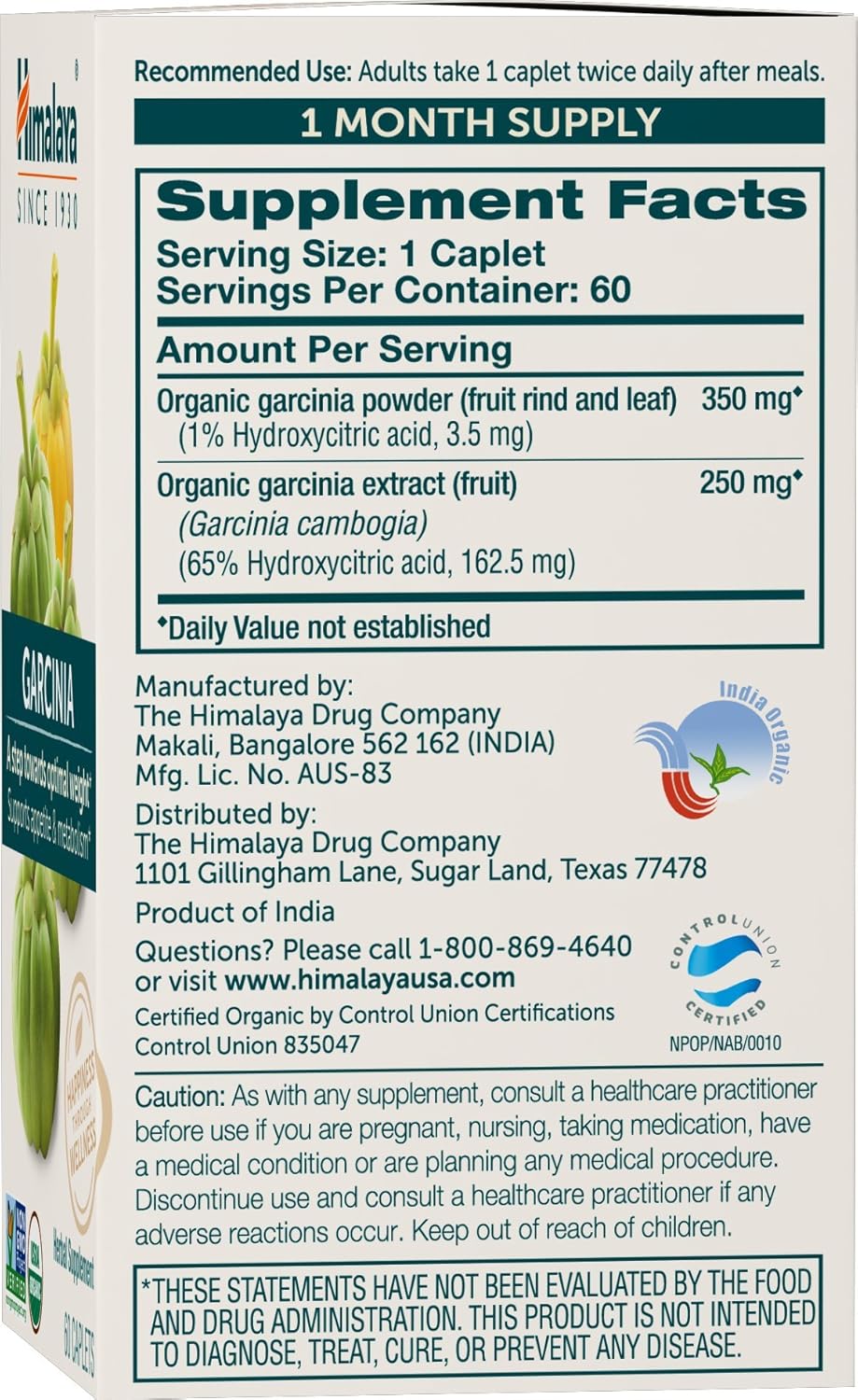 Himalaya Organic Garcinia Cambogia Herbal Supplement, Appetite Support, Lipid Metabolism, Weight Support, USDA Organic, Non-GMO, Vegan, 600 mg, 60 Plant-Based Caplets, 2 Pack