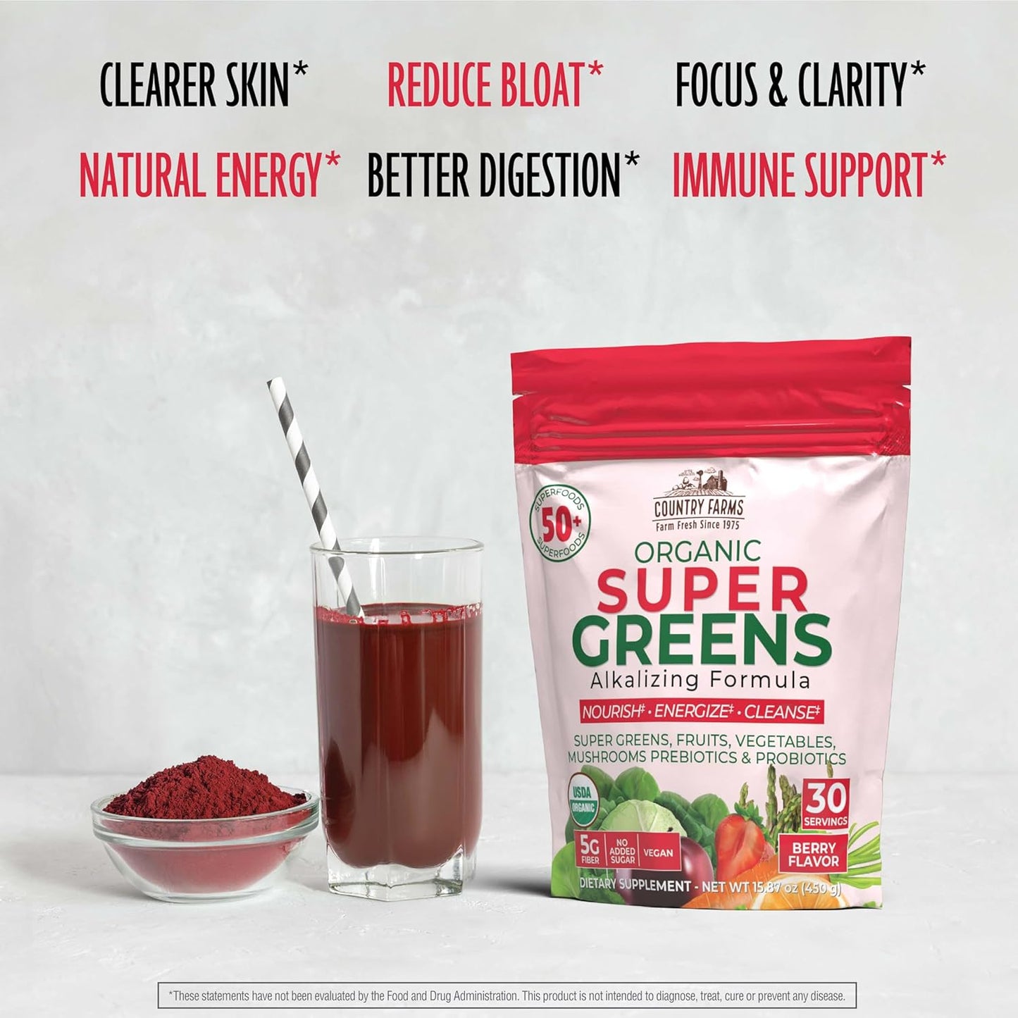 Country Farms Super Greens Berry Flavor, 50 Organic Super Foods, USDA Organic Drink Mix (Wheat Grass, Spirulina, Chlorella) Mushrooms & Probiotics, with Fiber, Gut Health, Natural Energy, 30 Servings