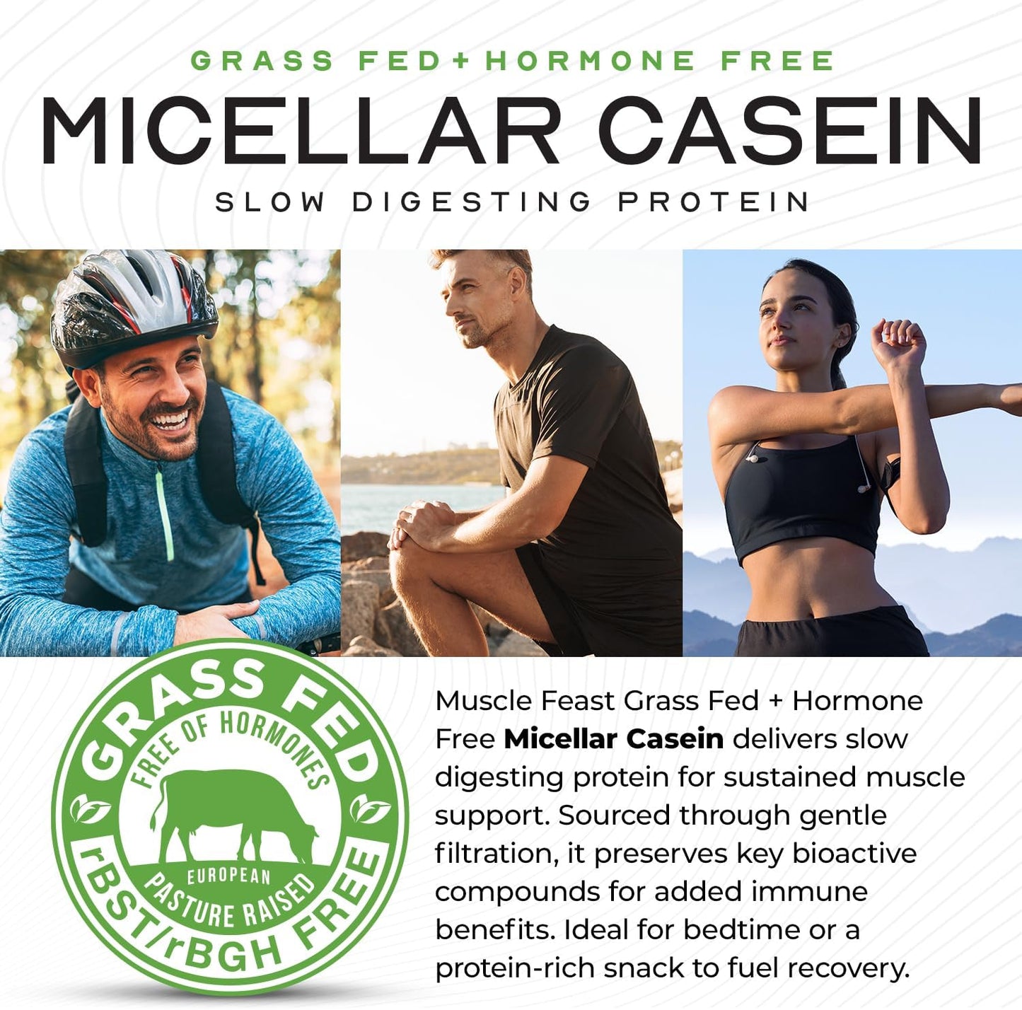 Muscle Feast Grass Fed Micellar Casein Protein Powder, Pasture Raised & Hormone Free, Slow Digesting Casein Protein - Supports Overnight Muscle Recovery, Gluten Free Protein Powder - Vanilla, 2lb