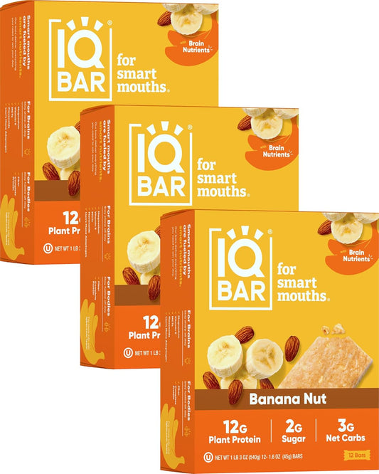 IQBAR Brain and Body Plant Protein Bars - Banana Nut - 36-Count Low Carb - Gluten Free, High Fiber, Vegan Snacks - Low Sugar Meal Replacement