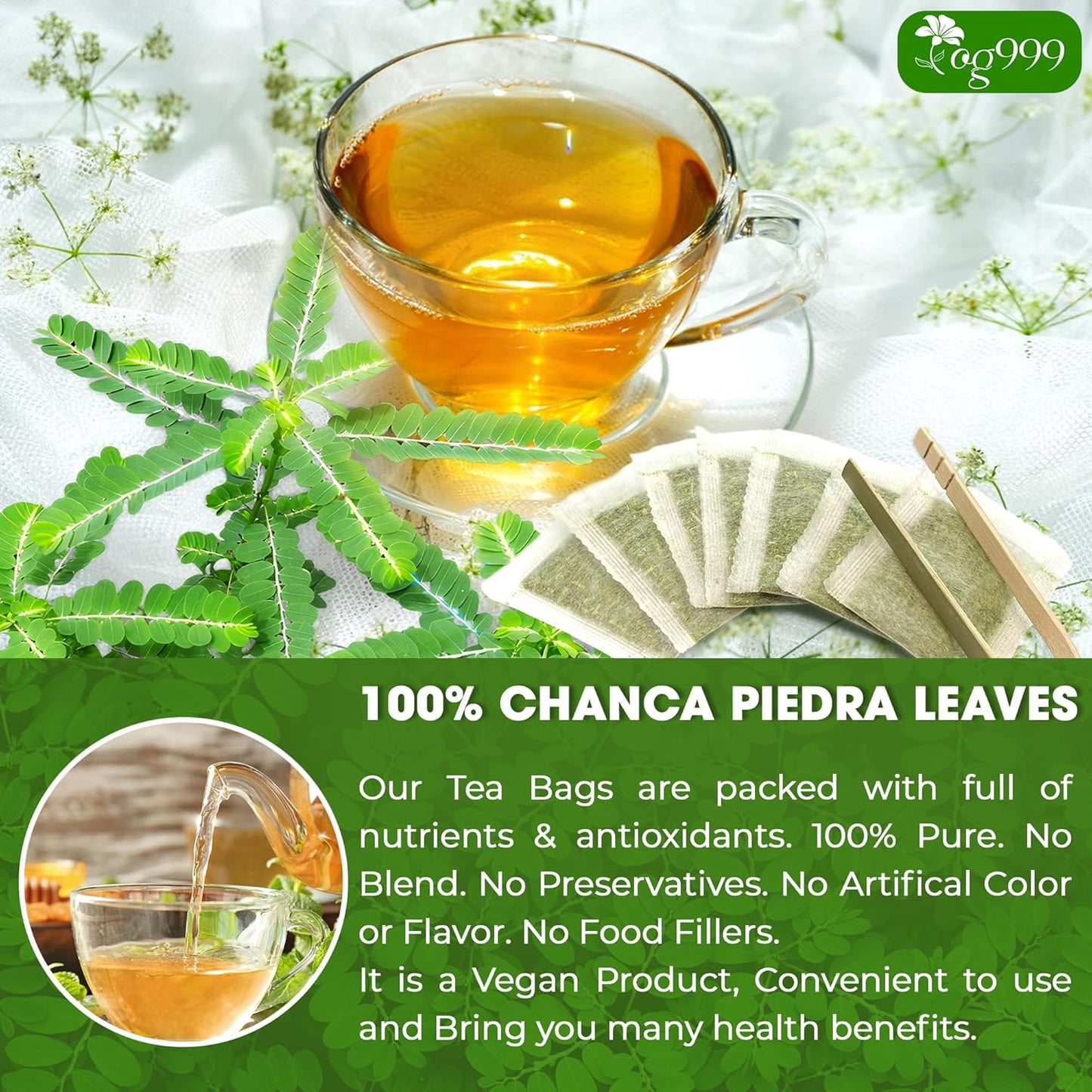 TOG999, 60 Tea bags Dried Chanca Piedra Leaves, Chanca Piedra Tea “Stone Breaker” 100% Natural & Pure. Made with Natural Material Tea Bags. No Sugar, No Caffeine, No Gluten, Vegan.