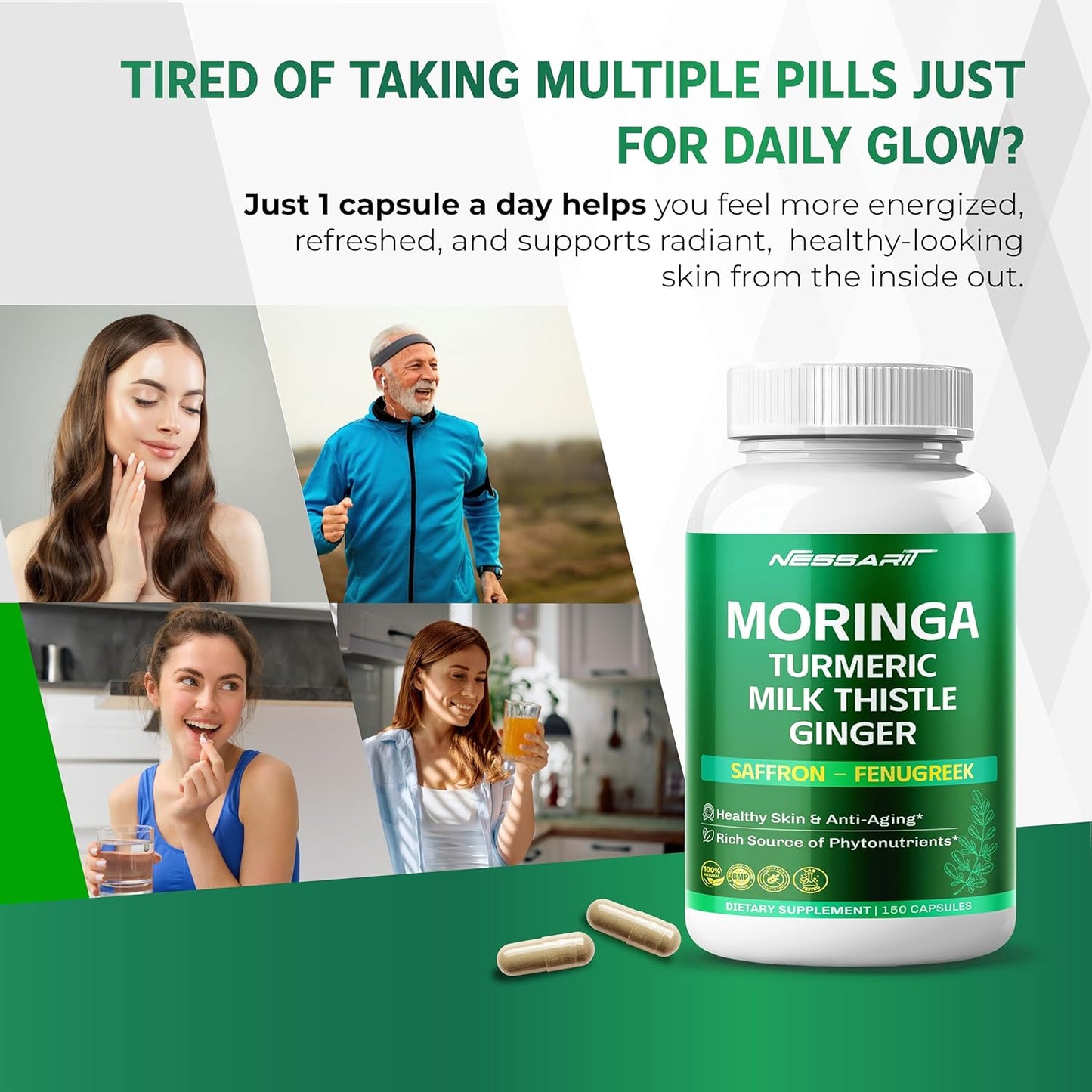 Moringa Supplement - 10-in-1 Natural Blend with Turmeric Milk Thistle Ginger Saffron Fenugreek Holy Basil Ceylon Cinnamon - 150 Count - Made & Tested in The USA