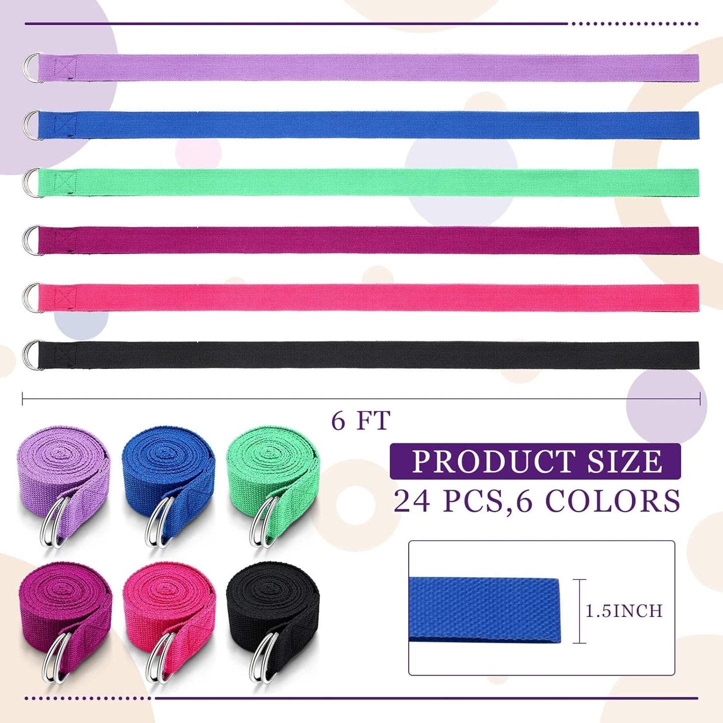 Leyndo 24 Pieces Yoga Strap Stretching Pilates Exercise Adjustable Straps 6 ft Non Elastic Yoga Belt with Adjustable D Ring Buckle for Pilates Gym Workouts Fitness