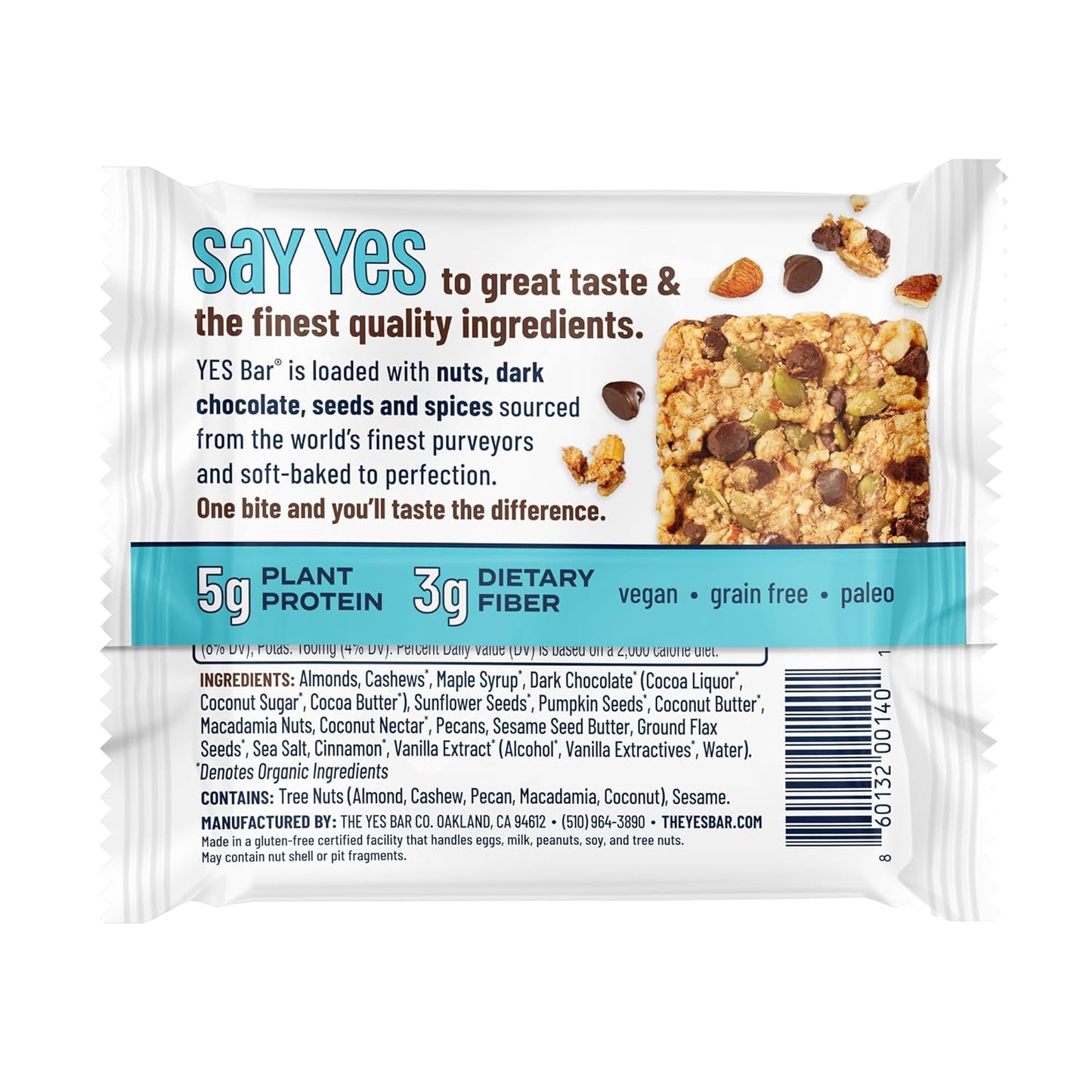 The YES Bar – Dark Chocolate Chip – Plant Based Protein, Decadent Snack Bar – Vegan, Paleo, Gluten Free, Dairy Free, Low Sugar, Healthy Snack, Breakfast, Low Carb, Keto Friendly (24 Count)