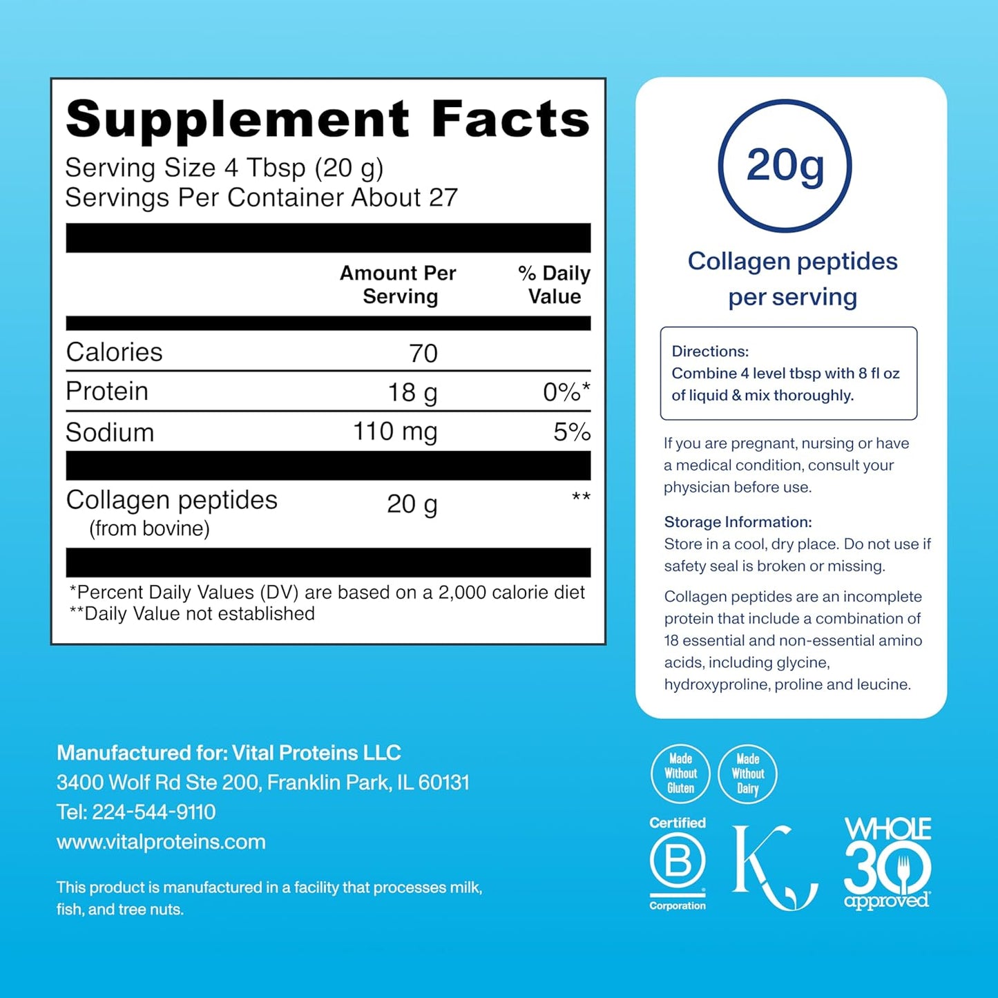 Vital Proteins Collagen Peptides Powder - Grass Fed Collagen Peptides for Hair, Nail, Skin, Bone & Joint Health, Unflavored, 27 Servings