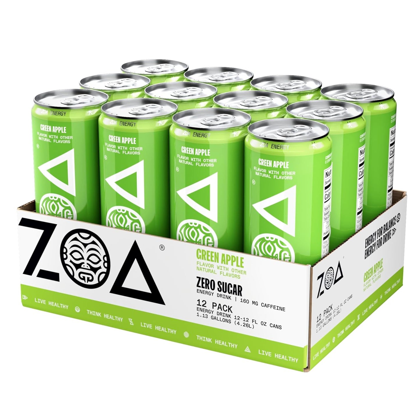 ZOA Zero Sugar Energy Drinks, Green Apple - Sugar Free with Electrolytes, Healthy Vitamin C, Amino Acids, Essential B-Vitamins, and Caffeine from Green Tea - 12 Fl Oz (12-Pack)