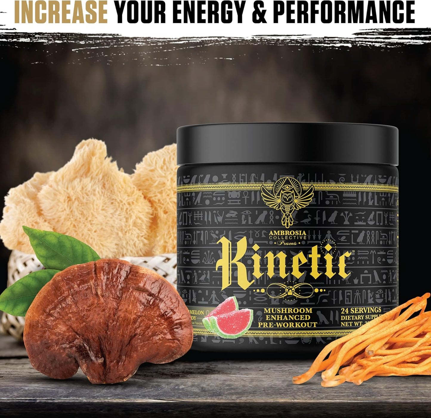 Ambrosia Kinetic Organic Preworkout, Mushroom Enhanced Natural Pre Workout Supplement, Nootropic Superfood Powder for Energy (Watermelon Candy)