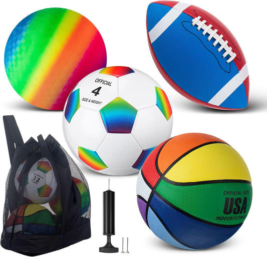 Deekin 4 Pcs Sport Balls Set for Kids Teens, Include Official Size 5 Basketball 4 Soccer 6 Football Playground Ball and Pump Sports Equipment Bag Recess Equipment Sport for Students(Rainbow Color)