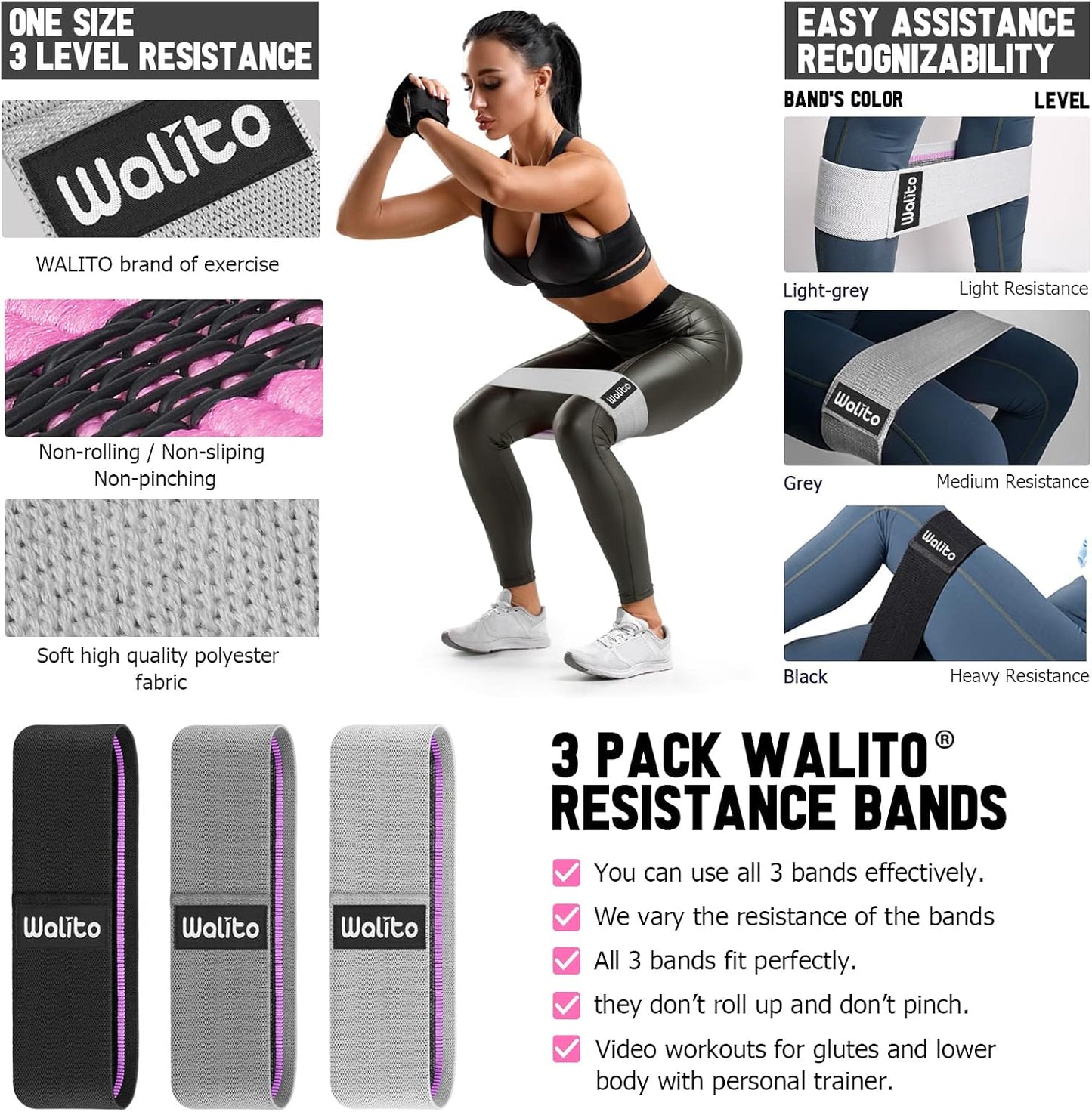 WALITO Resistance Bands for Working Out, Fabric Exercise Bands for Legs and Butt, Workout Bands for Women and Men, Booty Band for Yoga Starter Set, Pilates, Rehab, Fitness and Home Workout