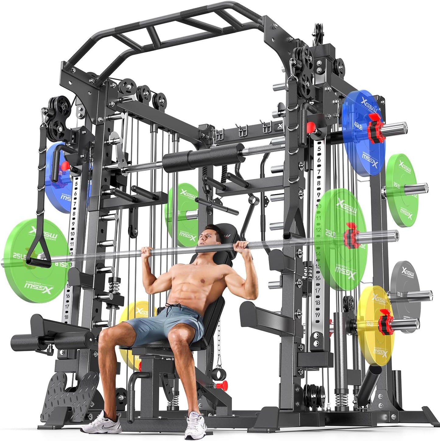Smith Machine Power Rack Multifunctional Power Cage Deep Squat Rack Cable Crossover System Selectable More Training Attachment for Garage & Home Gym