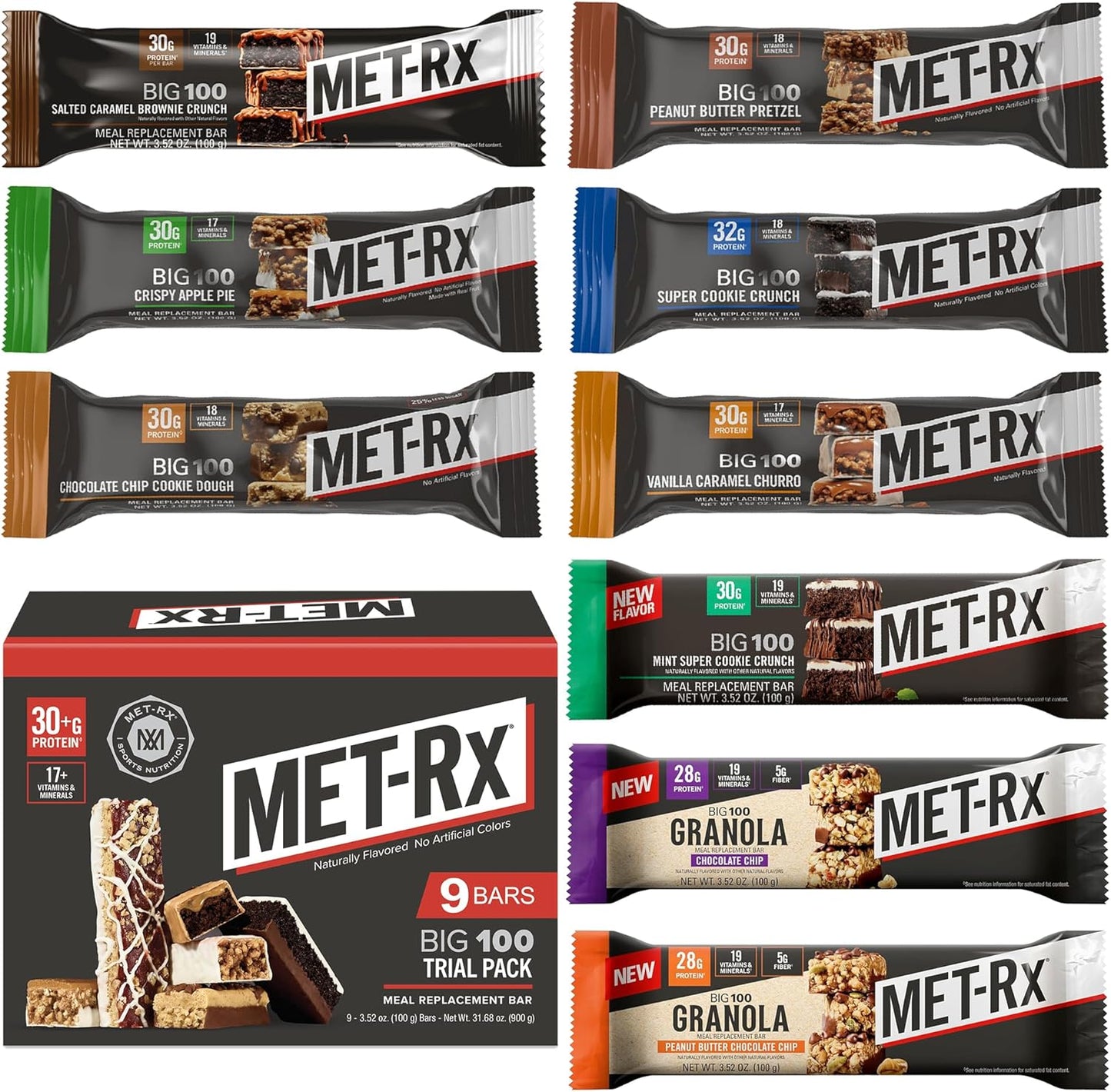MET-Rx Big 100 Trial Pack, Meal Replacement Bars, 9 Count