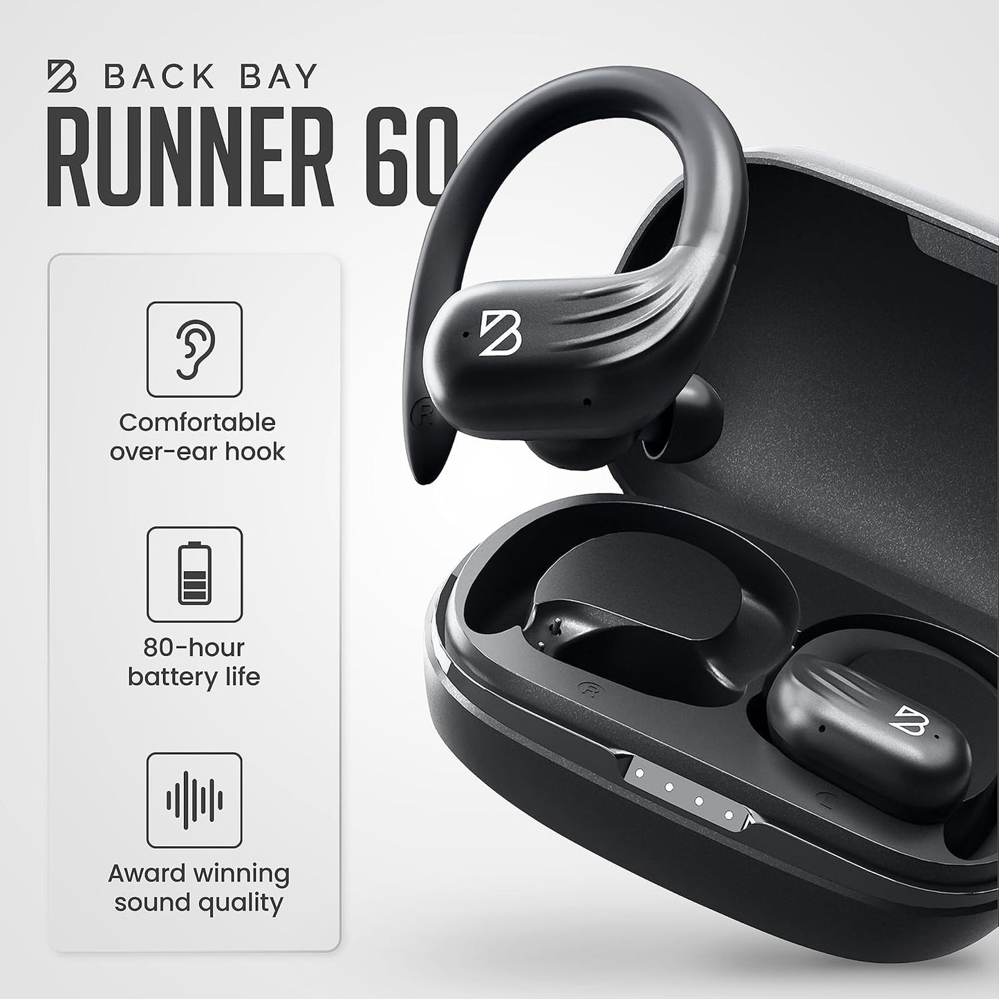 Back Bay Audio Runner 60 Wireless Running Earbuds, 80 Hour Long Battery Life Over The Ear with EarHooks, Wrap Around Earphones Wireless Bluetooth Earbuds with Microphone, Earphones in Ear Headphones
